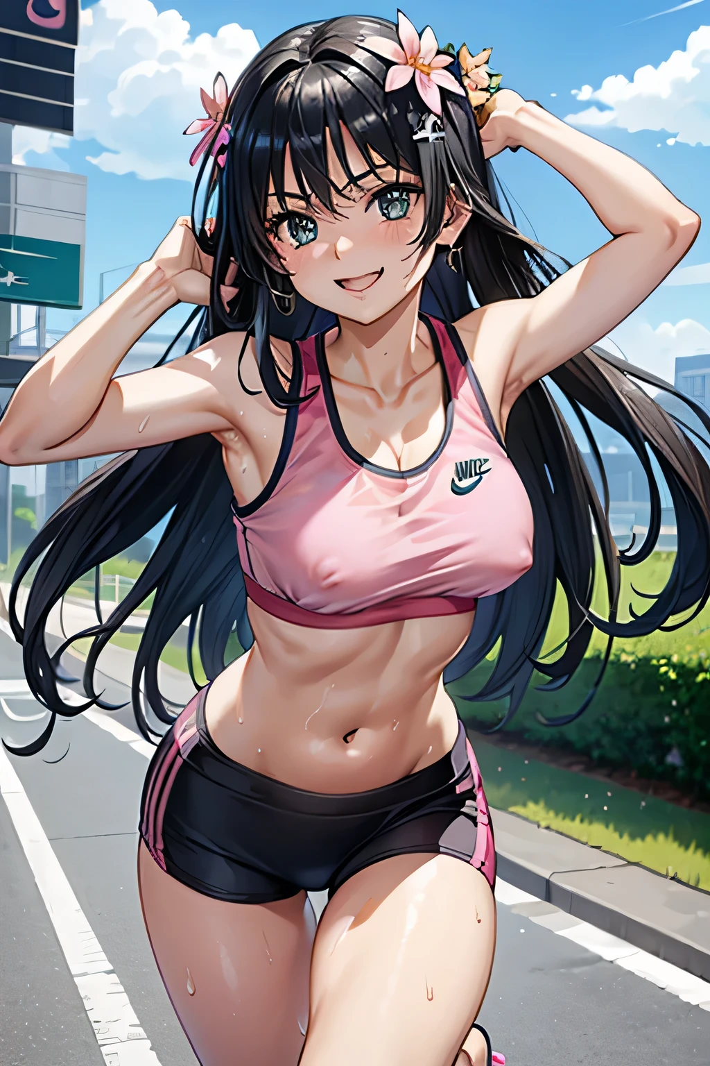 saten_ruiko, 1girl,18yo,black long hair,hair ornament, flower ornament,perfect hands, perfect finger,perfect anatomy,masterpiece, best quality,realistic, hyperrealistic, 16k hdr,earrings,(nike pink sports bra top:1.4),(sexy yoga short pants:1.3),, outdoors,blue sky,strong wind,from below,(happy smile),(running:1.6),dynamic pose,navel,(see through nipples,erected nipples:1.2),cleavage,(sweat:1.3),(leaning forward:1.2)