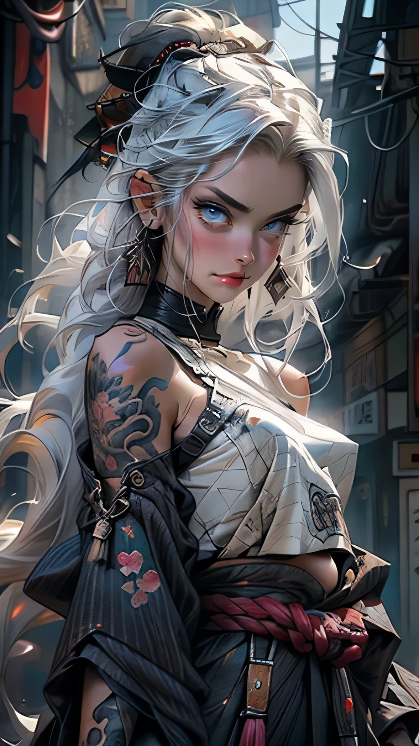 (masterpiece), best quality,1 girl, white hair, long hair, hair decorations, sensual face, white skin, tattooed body, posing, carrying a samurai sword, katana, Masterpiece, best quality, realistic, ultra high resolution, depth of field. (detailed background), (masterpiece: 1.2), (ultra detailed), (best quality), complex and complete cinematic photography, magical, (gradients), colorful and detailed landscape, visual key.,more detail XL