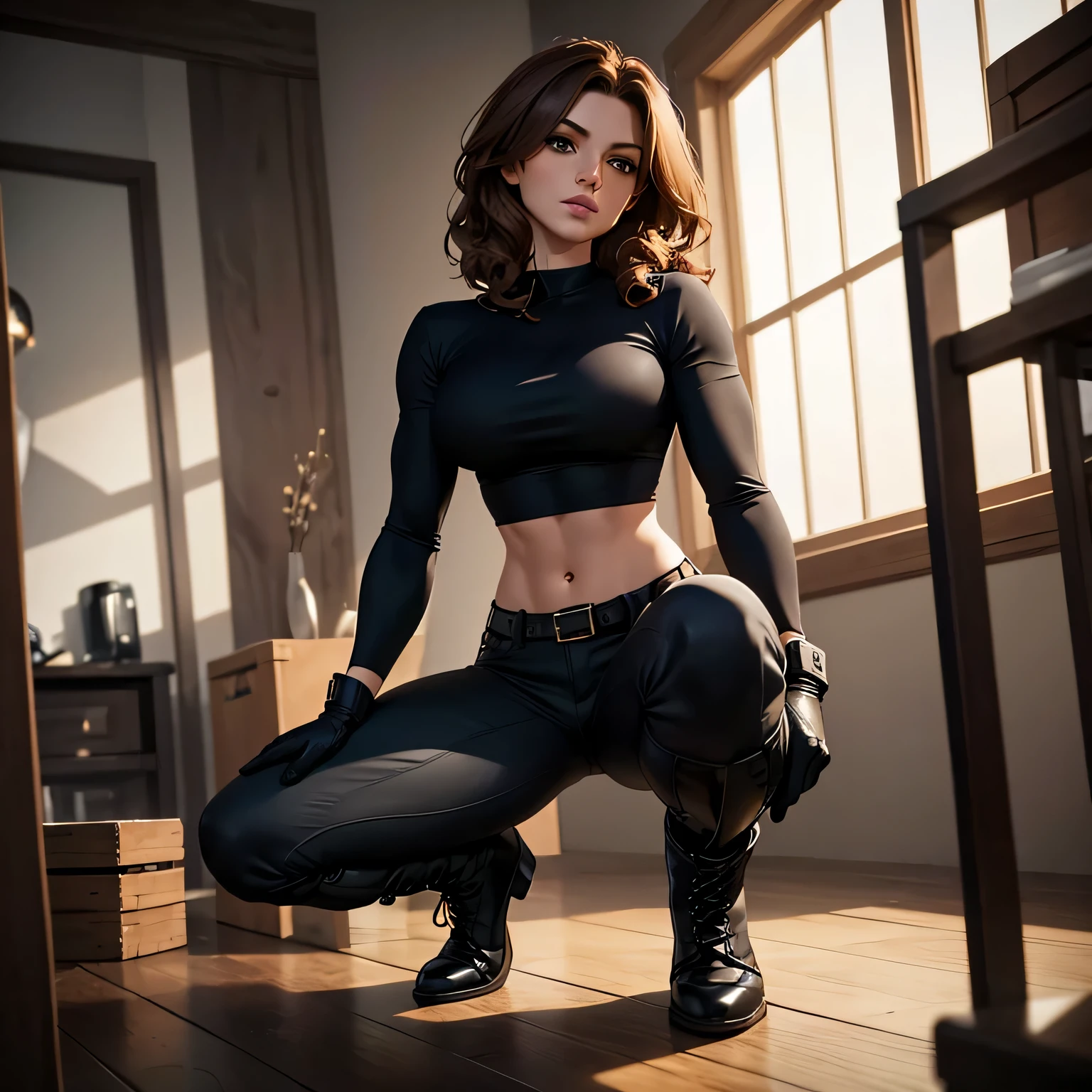 masterpiece, best quality, pants, tight shirt with a midriff cutout, looking  in love at viewer, wavy hair, brown hair, short hair, age 22, high legs, boots, gloves, secret spy, muscular, full body