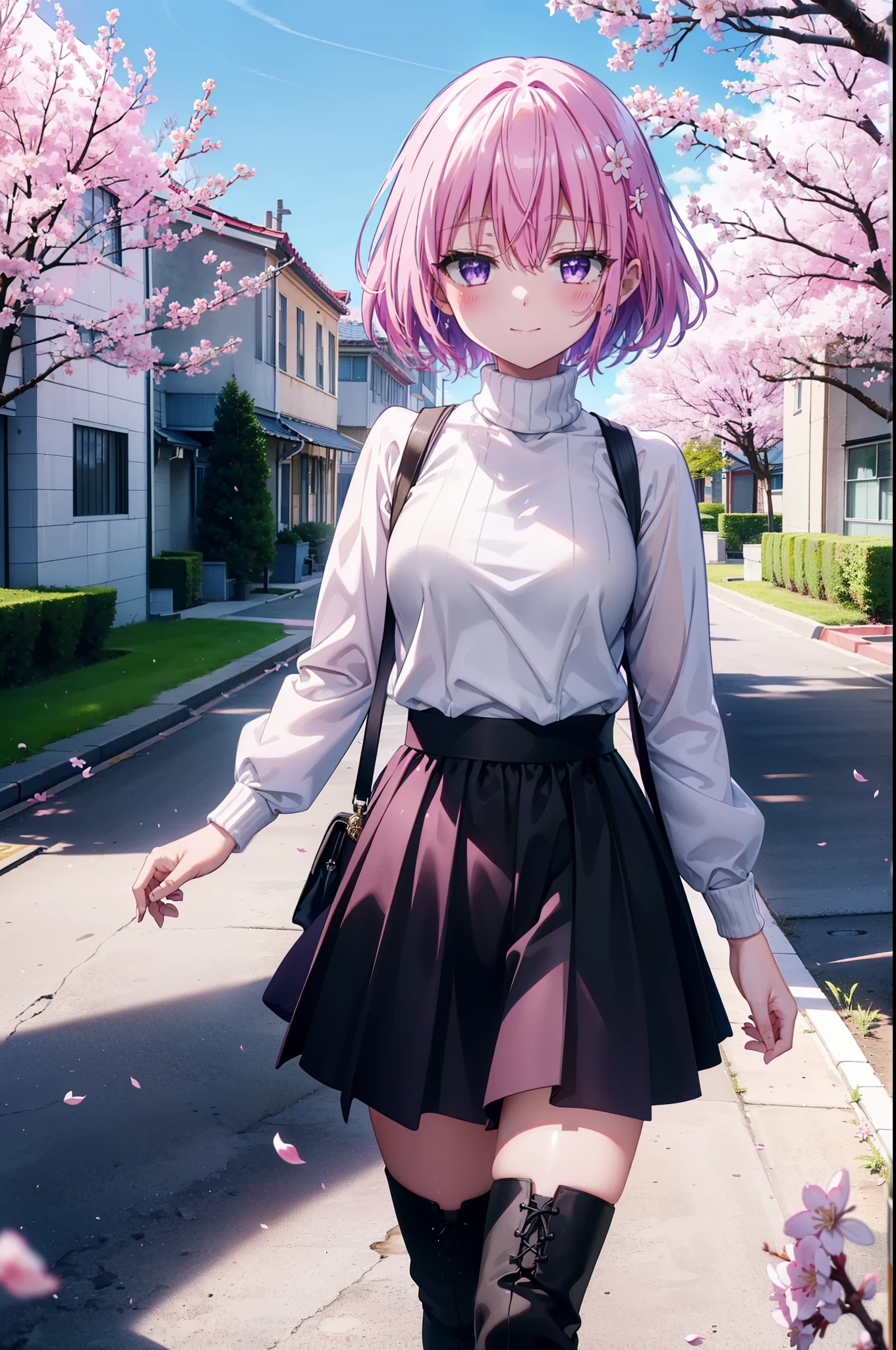 Momodebilke, Deviluke Type, demon tail, Hair Flowers, hair ornaments, (Purple eyes:1.1), Pink Hair, short hair, tail, happy smile, smile, Open your mouth,smile,blush,
break demon tail, Turtleneck sweater,Long skirt,short boots,Cherry blossoms are blooming,Cherry blossoms are scattered,Cherry blossom tree-lined path,walking,
break outdoors, School　School building,
break looking at viewer, (Cowboy Shot:1.5),
break (masterpiece:1.2), highest quality, High resolution, unity 8k wallpaper, (figure:0.8), (beautiful detailed eyes:1.6), extremely detailed face, Perfect lighting, extremely detailed CG, (Perfect hands, Perfect Anatomy),