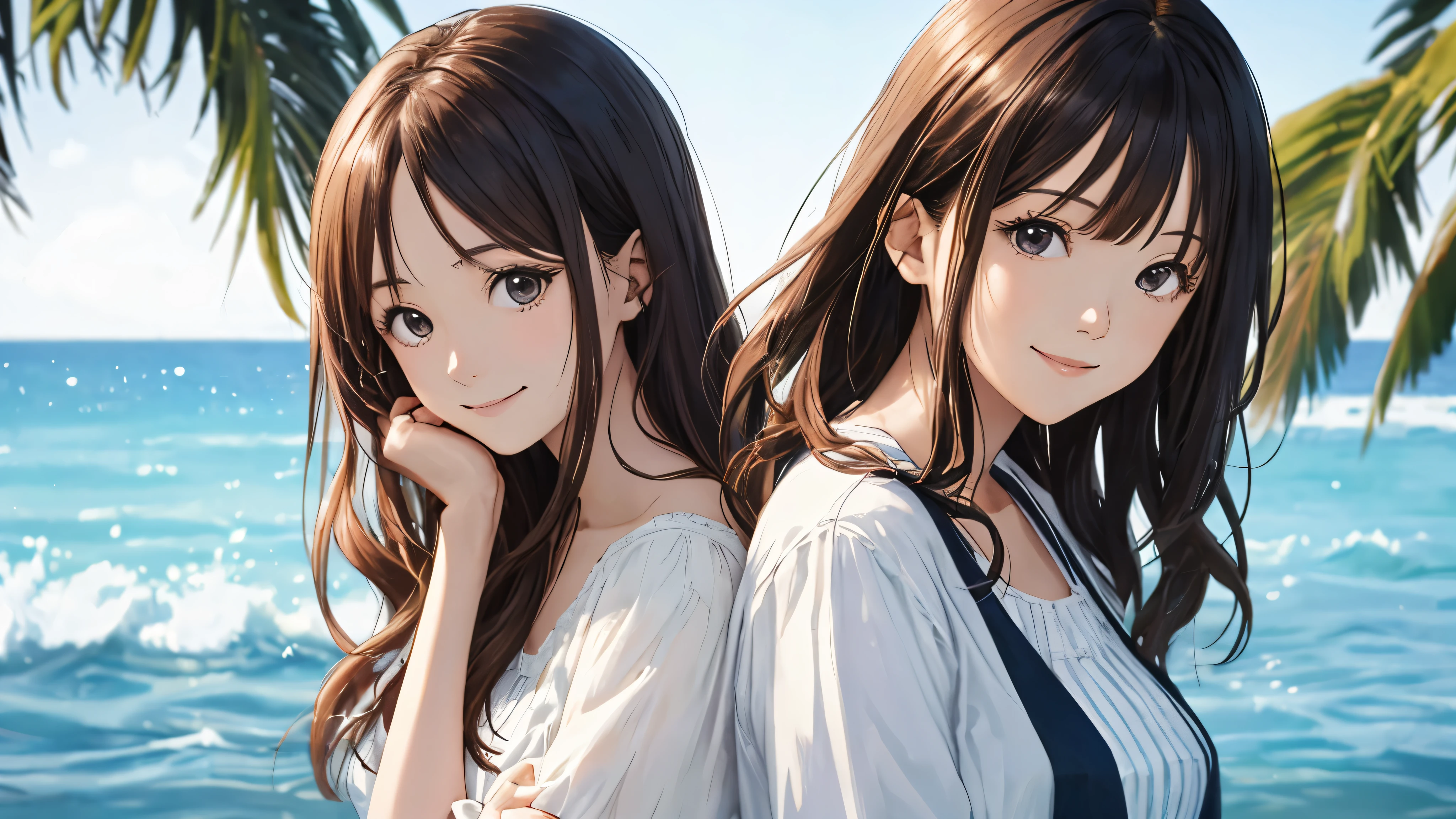 Shiraishi Mai, Looks exactly like Shiraishi Mai, A kind smile, , ,Long Hair, Dark brown hair, 2 girls, 18-year-old, photograph, Realistic, highest quality, Detailed face, Strong sunlight, Ocean, Embankment, Detailed Background, Diffused sunlight, Depth of written boundary, Bokeh (highest quality: 1.2), (masterpiece: 1.2), Watch Viewer, one piece, White Theme, Thin Blue Stripes,