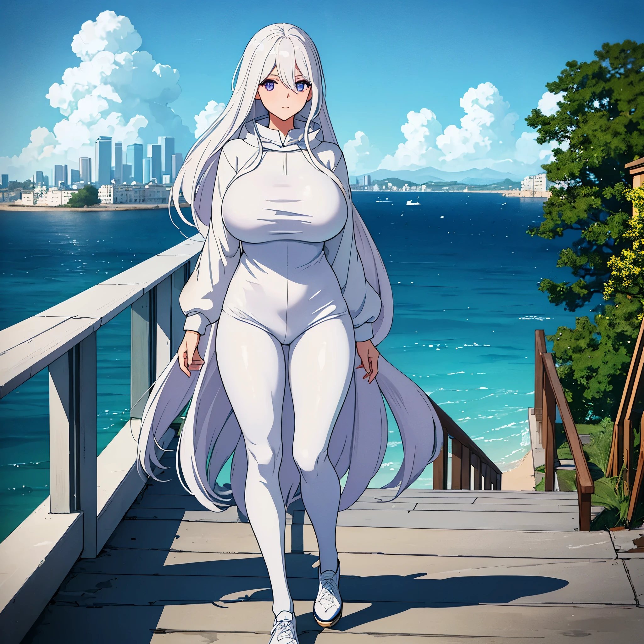 a woman wearing a cold white sweatshirt with faint blue details in her hair, long white hair with faint blue details, purple eyes, walking on a platform with a view of the sea and buildings, blue sky with clouds, during the day, big breasts.,(woman solo)ultra resolution, very detailed, HDR, masterpiece, 8K hd