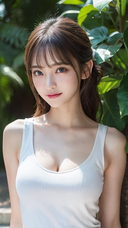 Upper body naked、Half naked、An innocent 20-year-old girl、((White tank top, Dramatic Pose)),smile,Shortcuts,natural Park、RAW Photos, (8k、highest quality、masterpiece:1.2)、(Intricate details:1.4)、(Photorealistic:1.4)、Octane Rendering、Highly detailed and intricate 3D rendering, Soft studio light, Rim Light, Crisp details, Super Detail, Realistic skin texture, surface details, Beautiful eyes in every detail, Highly detailed CG Unity 16k wallpaper, Compensate, (Detailed Background:1.2), Shiny skin, whole body、Cleavage,((Standing with hands clasped behind one's back、Leaning forward、Angle from above))