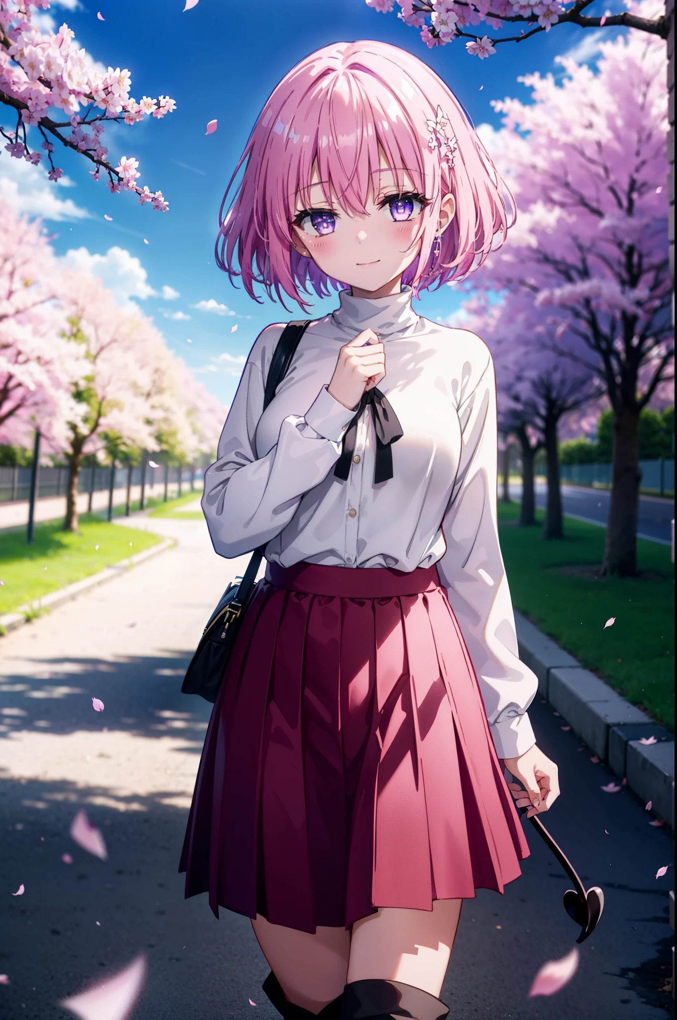Momodebilke, Deviluke Type, demon tail, Hair Flowers, hair ornaments, (Purple eyes:1.1), Pink Hair, short hair, tail, happy smile, smile, Open your mouth,smile,blush,
break demon tail, Turtleneck sweater,Long skirt,short boots,Cherry blossoms are blooming,Cherry blossoms are scattered,Cherry blossom tree-lined path,walking,
break outdoors, School School building,
break looking at viewer, (Cowboy Shot:1.5),
break (masterpiece:1.2), highest quality, High resolution, unity 8k wallpaper, (figure:0.8), (beautiful detailed eyes:1.6), extremely detailed face, Perfect lighting, extremely detailed CG, (Perfect hands, Perfect Anatomy),