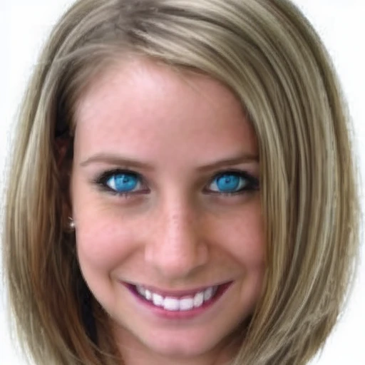 "Generate a high-definition, photorealistic image of a single young woman's entire head, ensuring the full scope of her forehead and blonde, wavy hair are included. The facial features, especially the striking blue eyes, should be rendered with sharp detail and clarity to prevent blurriness. The entire face and hair must be visible with high fidelity, reflecting intricate details and natural textures. Aspect ratio: 3:4. The image should be free of any compression artifacts, with a resolution that ensures even the finest details are crisp and clear."
