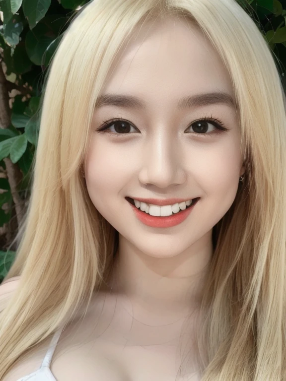 (realistic、masterpiece、Best Quality、8K、highres、high resolution:1.3)、1 girl、Huge breasts、smile, white bikini、pale white skin、looking at viewers、super fine face and eyes、long blonde hair、indoor、 upper body、