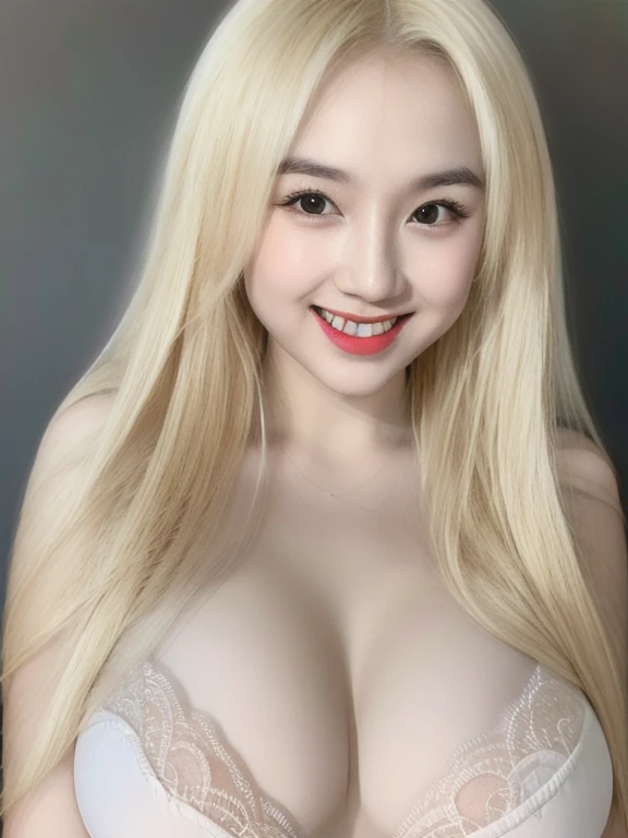 (realistic、masterpiece、Best Quality、8K、highres、high resolution:1.3)、1 girl、Huge breasts、smile, white bikini、pale white skin、looking at viewers、super fine face and eyes、long blonde hair、indoor、 upper body、