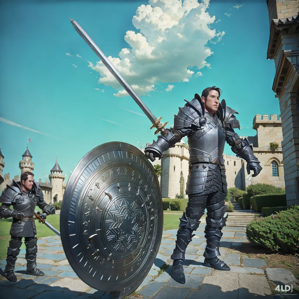 close-up, 40yo man as a Knight ((wearing a full armor)), action figure style, in front of a magnificent castle, professional photograph, masterpiece, best quality, 8K, 16K, UHD, photorealistic, solo