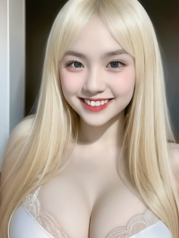 (realistic、masterpiece、Best Quality、8K、highres、high resolution:1.3)、1 girl、Huge breasts、smile, white bikini、pale white skin、looking at viewers、super fine face and eyes、long blonde hair、indoor、 upper body、