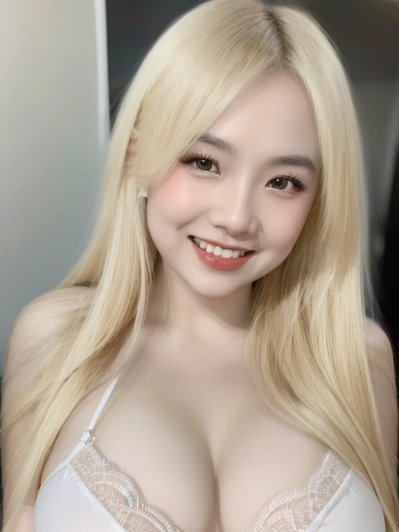 (realistic、masterpiece、Best Quality、8K、highres、high resolution:1.3)、1 girl、Huge breasts、smile, white bikini、pale white skin、looking at viewers、super fine face and eyes、long blonde hair、indoor、 upper body、