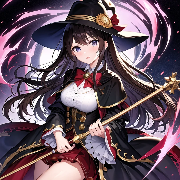 (masterpiece, best quality:1.2), 1girl, solo, Wizard, wide-brimmed hat, black dress, wand, brown hair, long hair, innocent expression