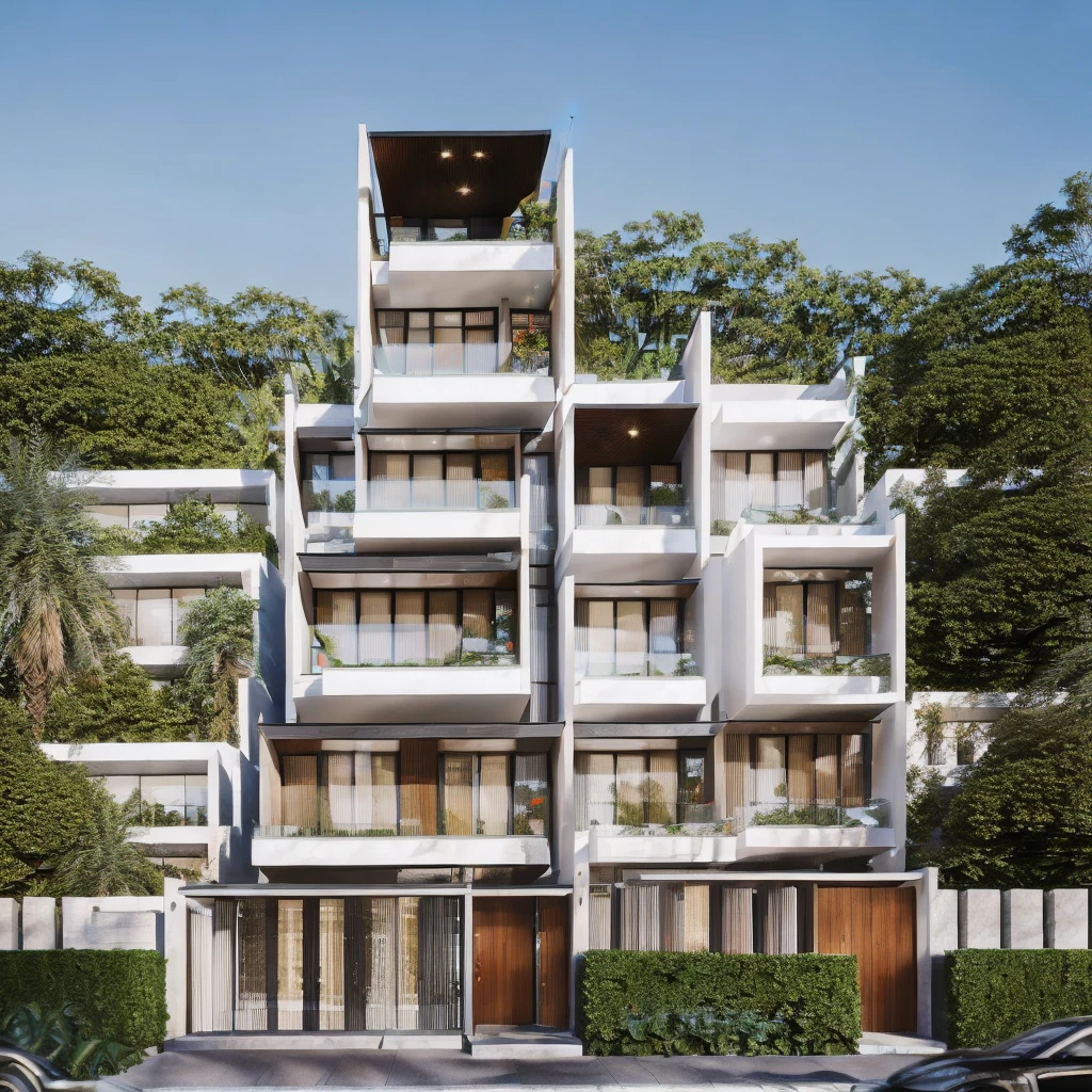 townhouse, (modern style:1.2), exterior design, perspective view, (white wall:1.3), wooden ceiling, open roofs, (block sidewalks and asphalt roads), (real sky background), Low trees around the house, overall peaceful atmosphere cinematic photo, (Neutral lighting is suitable for the modern villa, light color thermometer lighting), (architectural design visualization), (reflection), (focus on object), (material normal bump real reflection), (scattered light), (light ray), (multi-beam light), (sunbeam) (multi-level reflection), (corona software visualization render:1.2),(((Best Quality))), ((Masterpiece)), ((best illustration)), ((best shadows)), ((Super Detail)), (Intricate lines), (Photorealism),(hyper detail), ((archdaily)), ((award winning design)), (dynamic light), ((day)), spotlight, (perfect light), (shimering light), ((photorealistic)), ((intricate detail)), ((extreme detail)), ((science)), ((hyper-detail)), ((super detail)), ((super realistic)), ((crazy detail)), ((octane render)), ((Cinematic)), ((trending on artstation)), ((High-fidelity)), ((Viwvid)), ((Crisp)), ((Bright)), ((Stunning)), ((Eye-catching)), ((High-quality)),((Sharp))((Bright)), ((Stunning)), ((natural sun environment)), ((Eye-catching)), ((Illuminating)), ((Flawless)), ((High-quality)),((Sharp edge render)), ((medium soft lighting)), ((photographic render)), ((detailed archviz)), ((reality environment)), (modern townhouse design architectural design facade), (modern townhouse facade roof design), (modern townhouse facade wall design), (modern townhouse facade decoration material design) (townhouse facade door and window design modern), (environmental lighting design), (modern townhouse facade lighting design), (modern townhouse front gate and fence design), (tree decoration design for townhouse facade), (Design lights for gate posts and fences), (townhouse facade railing design)