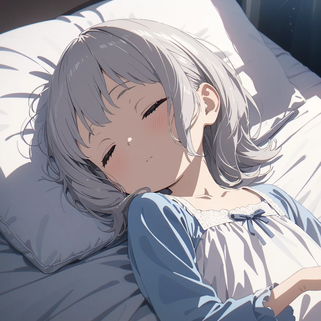 masterpiece, highest quality, Super Detail, 8k, Detailed light, Detailed Shadows, born, (Detailed skin), (Genuine: 1.2),, 1. Scandinavian Girl, face, (9 years old), Gray Hair, Sleep in a plush bed, Night Dress