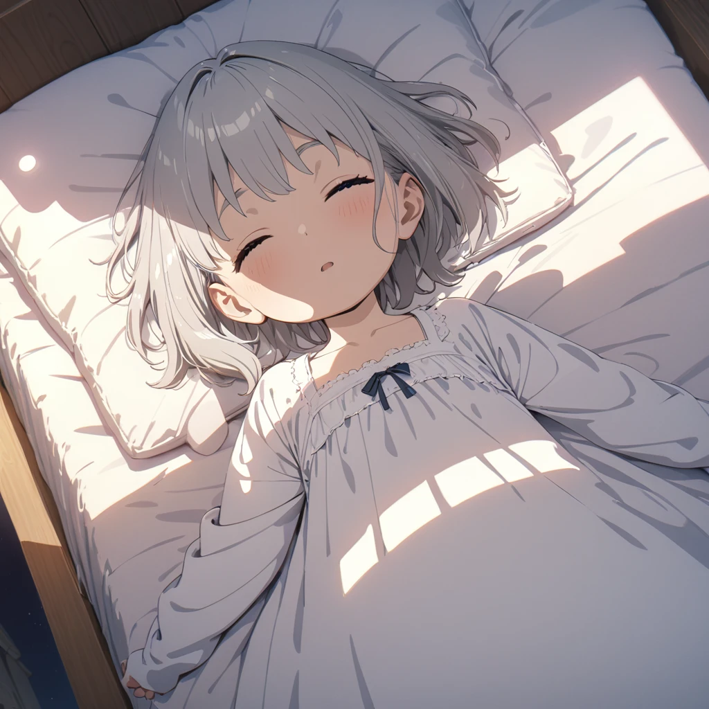 masterpiece, highest quality, Super Detail, 8k, Detailed light, Detailed Shadows, born, (Detailed skin), (Genuine: 1.2),, 1. Scandinavian Girl, face, (9 years old), Gray Hair, Sleep in a plush bed, Night Dress