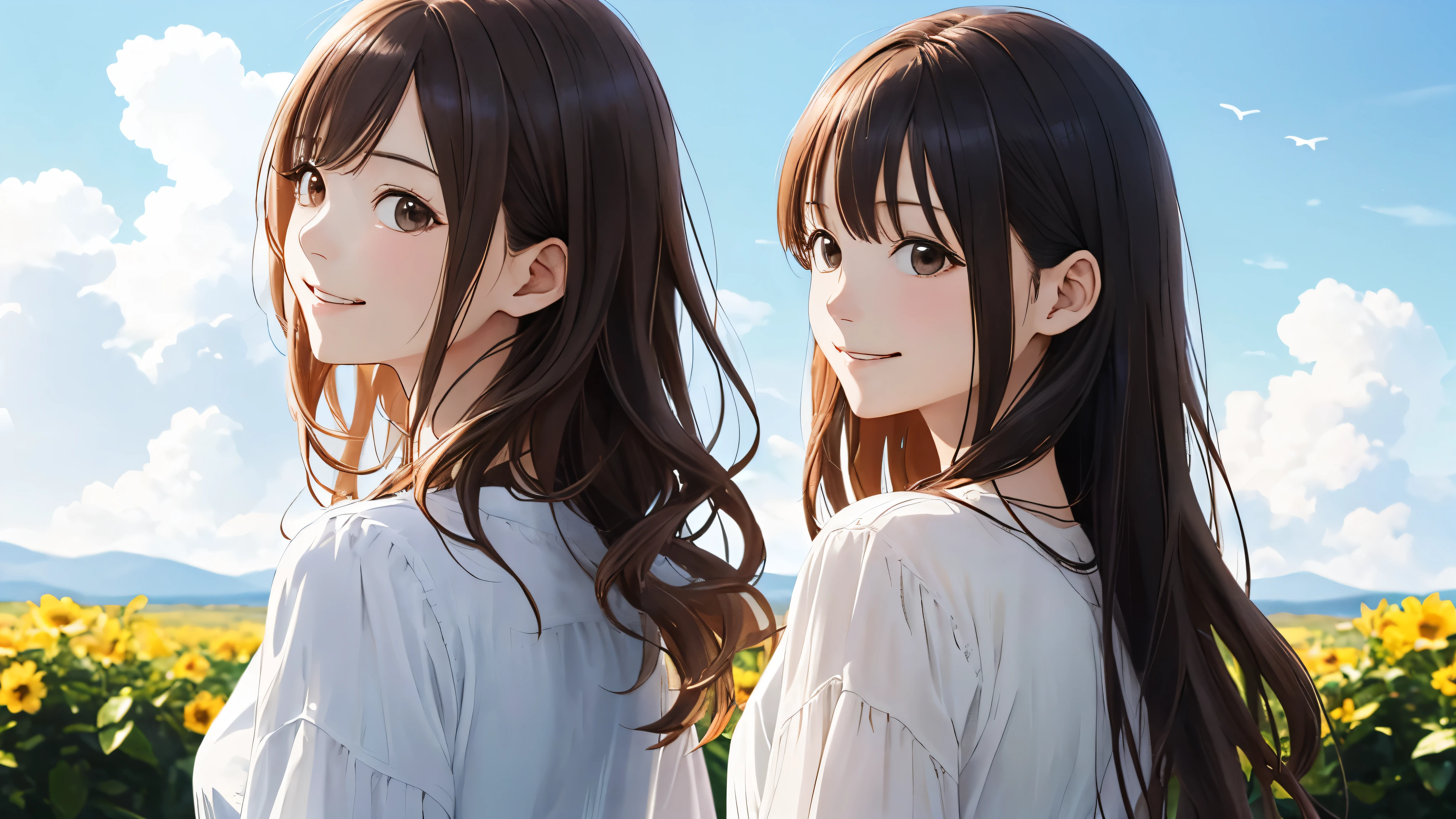 Shiraishi Mai, Looks exactly like Shiraishi Mai, A kind smile, , ,Long Hair, Dark brown hair, (2 girls:1.2), 18-year-old, photograph, Realistic, highest quality, Detailed face, Strong sunlight, Blue sky、White cloud、 Detailed Background, Diffused sunlight, Depth of written boundary, Bokeh (highest quality: 1.2), (masterpiece: 1.2), Watch Viewer, one piece, White Theme, Thin Blue Stripes,back view