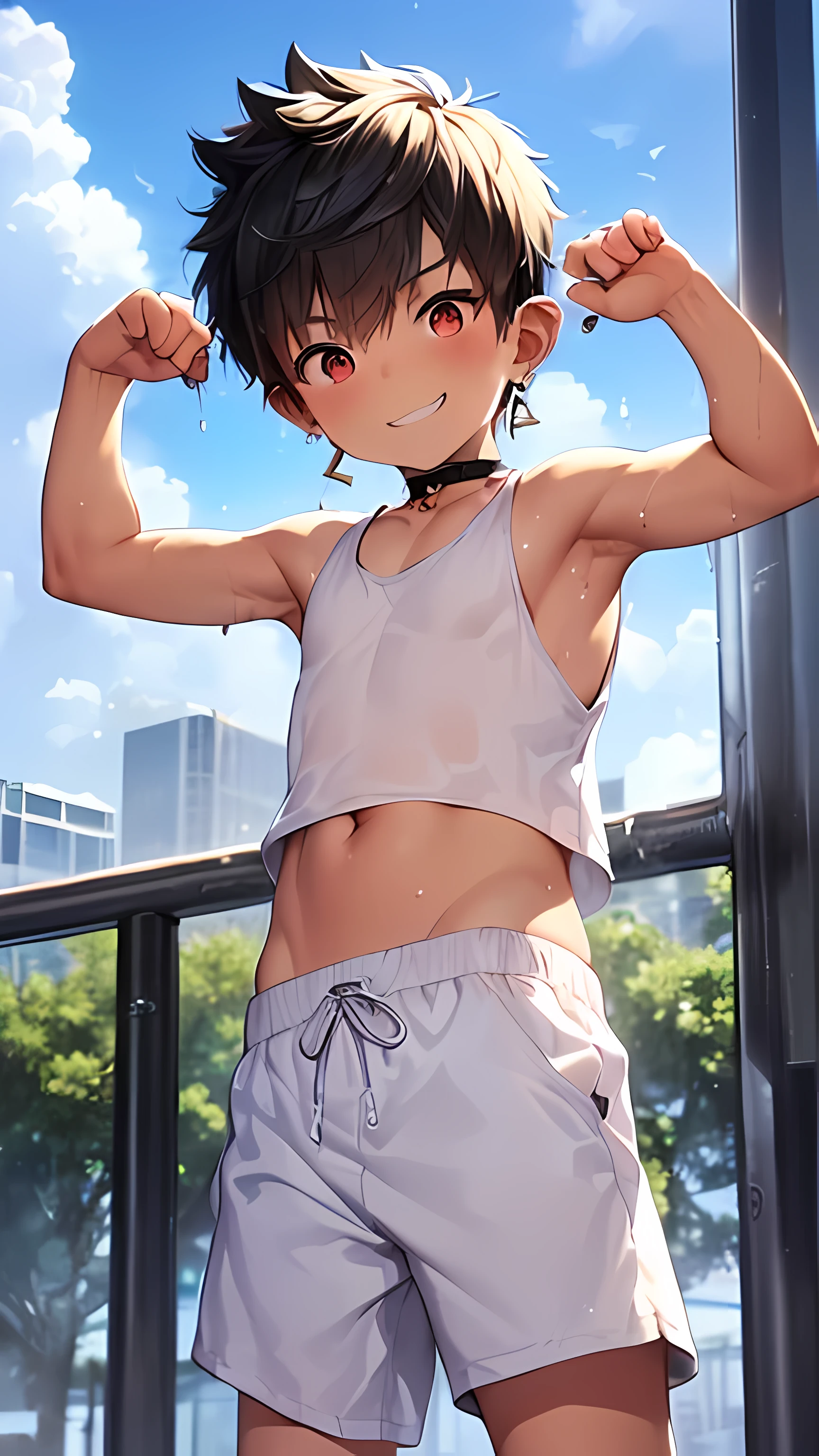 (shota:1.5), (baggy white tank top:1.3), ((blue brief pants)), ((pointing viewer)), (((best quality))), (((masterpiece))), ((ultra detailed)), (skinny:1.3), (spiked hair), (wind blowing), light blue hair, wine red eyes, raised arms, ((smiling)), ((earrings)), blue sky, grass, (choker on neck), full body shot, ((armpits)), sweaty skin, (wet clothes), nipple, ((abs))