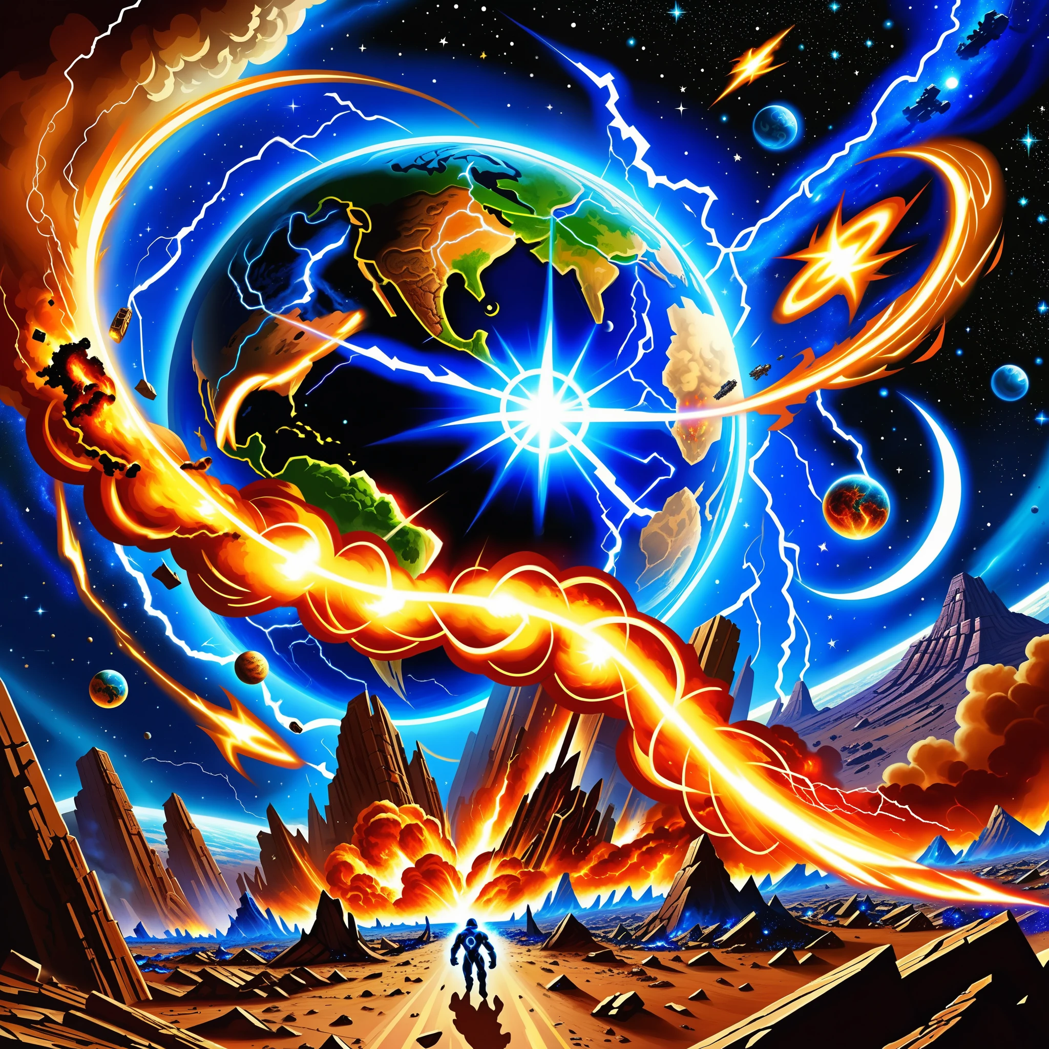 Tragedy of the world, dying worlds , destroyed atmosphere, junk in outer space, cataclysms : 2.0, Lightning fire tornado, dying stars, parallax, apocalypse, attack by a superior race consisting of blue shiny particles, they are formless something, worlds split one by one, destroyed moon, shockwave diverging rings in space,(strong rotation of everything), lots of details : 1.4, skill : 1.6, fantasy art : 1.7