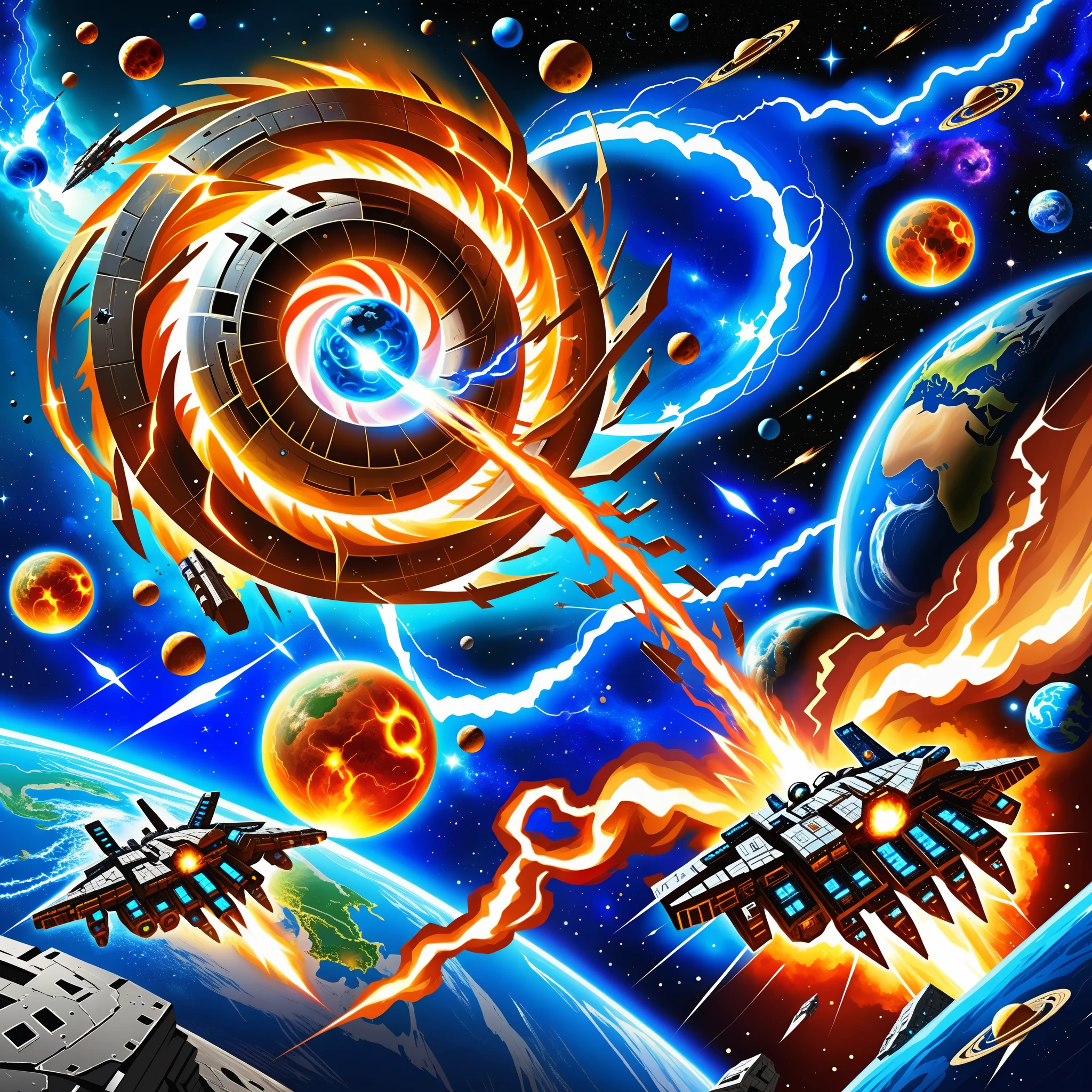 Tragedy of the world, dying worlds , destroyed atmosphere, junk in outer space, cataclysms : 2.0, Lightning fire tornado, dying stars, parallax, apocalypse, attack by a superior race consisting of blue shiny particles, they are formless something, worlds split one by one, destroyed moon, shockwave diverging rings in space,(strong rotation of everything), lots of details : 1.4, skill : 1.6, fantasy art : 1.7