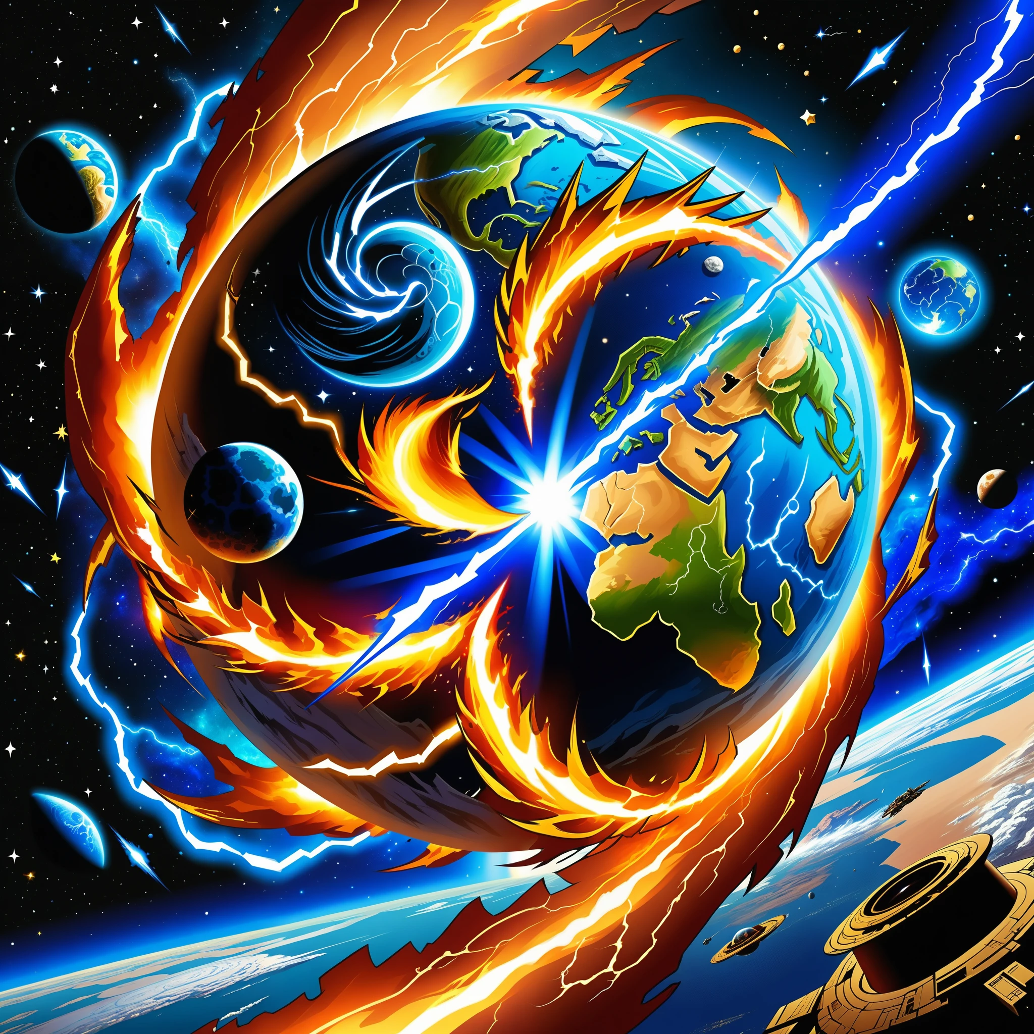 Tragedy of the world, dying worlds , destroyed atmosphere, junk in outer space, cataclysms : 2.0, Lightning fire tornado, dying stars, parallax, apocalypse, attack by a superior race consisting of blue shiny particles, they are formless something, worlds split one by one, destroyed moon, shockwave diverging rings in space,(strong rotation of everything), lots of details : 1.4, skill : 1.6, fantasy art : 1.7