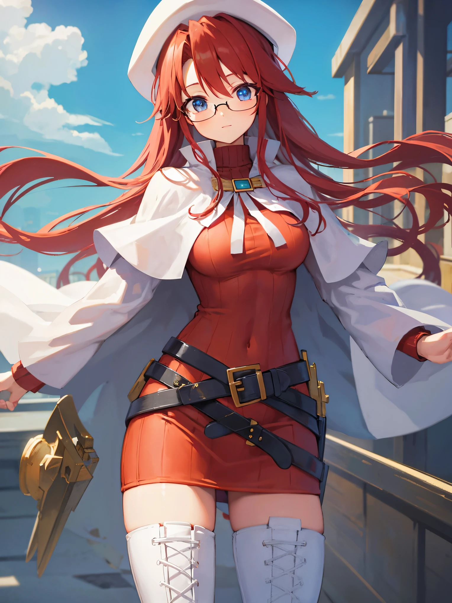 summonnightaty, aty, long hair, blue eyes, red hair, beret, hat, glasses,
BREAK long hair, thighhighs, hat, dress, boots, glasses, belt, cape, sweater, zettai ryouiki, beret, thigh boots, white footwear, ribbed sweater, loose belt,solo,
BREAK outdoors, fantasy,on_a_ship,
BREAK (masterpiece:1.2), best quality, high resolution, unity 8k wallpaper, (illustration:0.8), (beautiful detailed eyes:1.6), extremely detailed face, perfect lighting, extremely detailed CG, (perfect hands, perfect anatomy),covered_nipples,covered_navel,light_smile ,(half_eyes:1.4),long_sword,edge,armpit,sleepy,dynamic_standing,red_sweater,apart_legs,magical_effect,pulmp,big_tits,light_open_mouth,prepare_a_sword