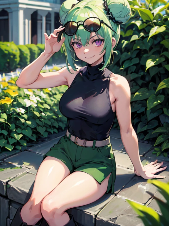 (highres), (best quality), (detailed) 1 girl, alone, medium hair, pastel green hair, twin buns, evil smile, violet eyes, round black sunglasses on head, black sleeveless turtleneck top, green shorts, dark brown boots, day time, garden, playing with dices