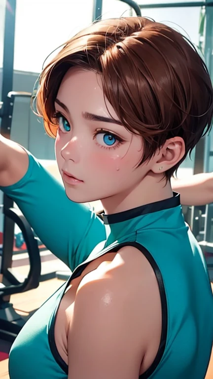 highest quality、Realistic、Women、Japanese、zoom、look up、cute、gym、Turquoise eyes、Chestnut Hair、Short Hair、Bodysuits、leotard、Face close-up、Sweat、Gymnastics
