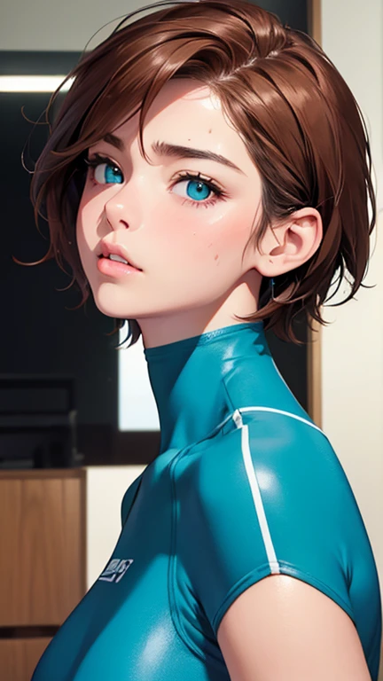 highest quality、Realistic、Women、Japanese、zoom、look up、cute、gym、Turquoise eyes、Chestnut Hair、Short Hair、Bodysuits、leotard、Face close-up、Sweat、Gymnastics