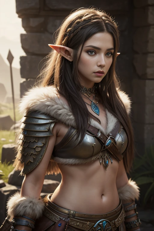 Ancient, Lost elf tribe, Zelda, fur armor, rings, female creature, prehistoric era, hunter, Extremely realistic shading, masterpiece, extremely detailed, photorealistic, perfect lighting,