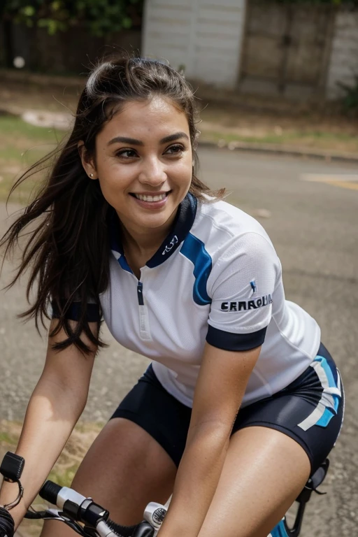 ((obra de arte, melhor qualidade)), (1 garota ciclista), (Sozinho), (foco feminino), (Ahoge, cabelo branco, cabelo muito comprido), olhos dourados, sorriso leve, Boca aberta, ((uniforme superbike), (button gap)), ((Saia preta), (saia curta)), na bicicleta, estrada, dynamic angle,
