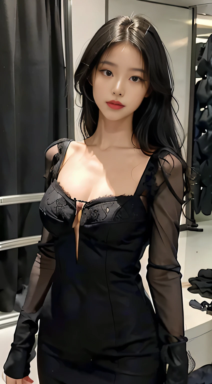 She was wearing a tight black dress,Beautiful curves,Elegant and dignified。Her black hair falls naturally,blowing in the wind,Matching her deep eyes,Revealing a noble and cool temperament。Her face is delicate and picturesque,A pair of deep eyes like black gems,A calm and determined look。The bridge of her nose is straight,Red lips,The corners of the smiling mouth outline an elegant arc,It makes people fascinated。(masterpiece:1.2,best quality),(depth of field:1.6),(real picture intricate details),looking at viewer,standing,Portrait Of Stunningly Beautiful Girl,1girl,solo,bright color,asymmetrical_bangs_hair,Mint_Cream_hair,black lace dress with ascalloped hem,The whole picture is full of black elements,This further highlights her coldness and nobility.。Black is mysterious,It is also noble,It represents power and authority。This black-haired woman is like a black rose,Beautiful and dangerous,irresistible。Her dress clung to her body,Perfectly outlines her slender figure。Every detail shows her elegance and nobility。