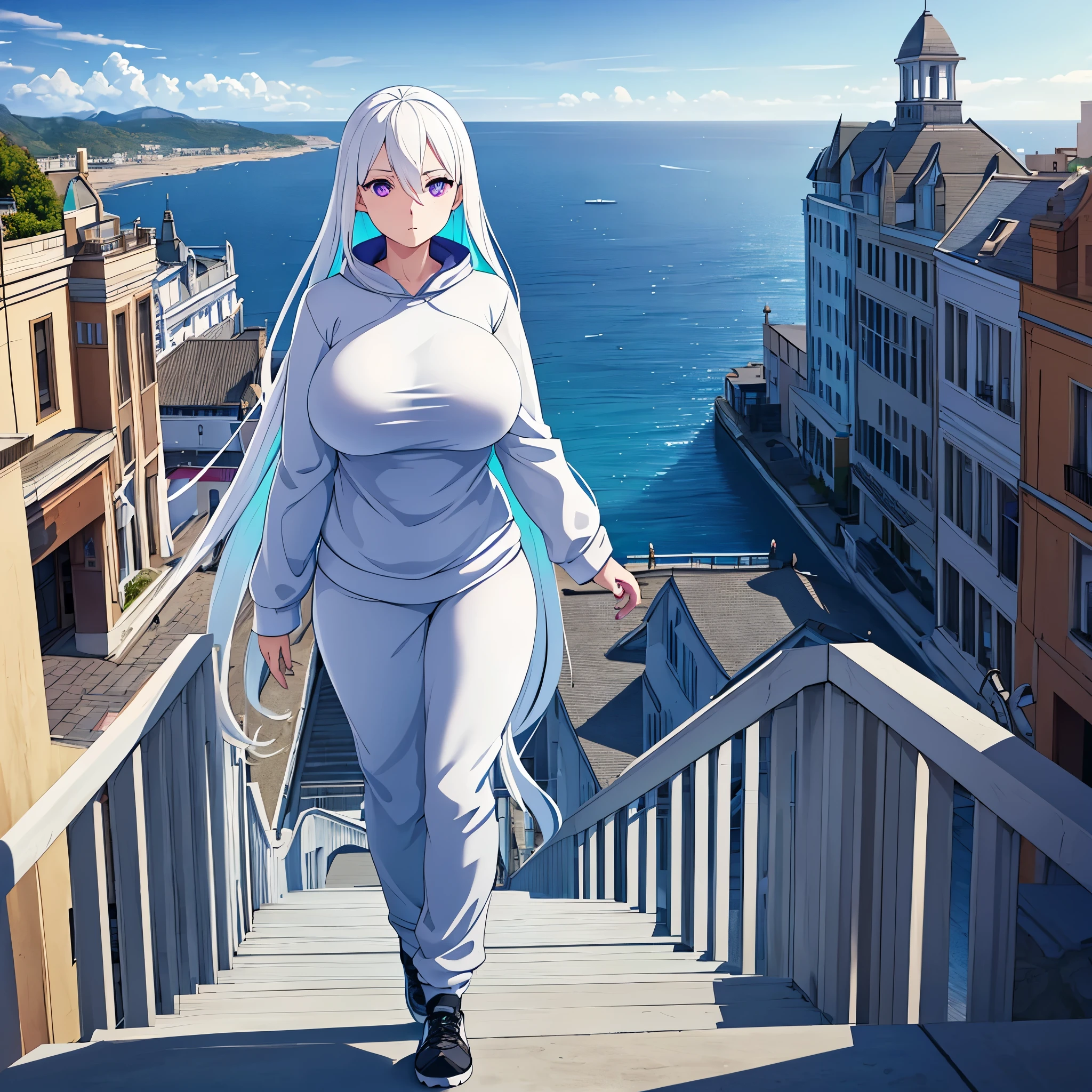 a woman wearing a long white cold sweatshirt with faint blue details,  white hair with blue strands, purple eyes, walking on a platform with a view of the sea and buildings, blue sky with clouds, during the day, big breasts,,(woman solo)ultra resolution, very detailed, HDR, masterpiece, 8K hd