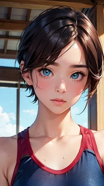 highest quality、Realistic、Women、Japanese、zoom、look up、cute、gym、Turquoise eyes、Chestnut Hair、Short Hair、Bodysuits、leotard、Face close-up、Sweat、Gymnastics