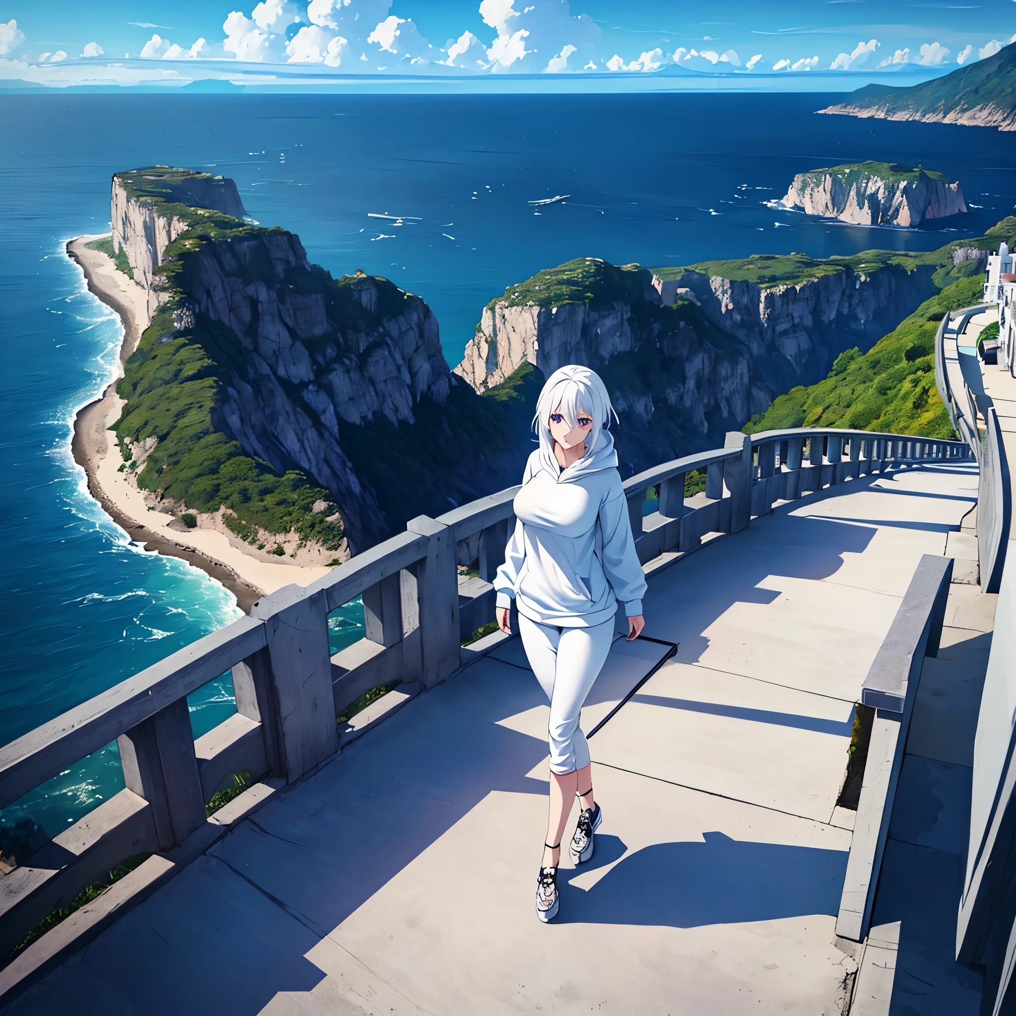 a woman wearing a long white cold sweatshirt with faint blue details,  white hair with blue strands, purple eyes, walking on a platform with a view of the sea and buildings, blue sky with clouds, during the day, big breasts,,(woman solo)ultra resolution, very detailed, HDR, masterpiece, 8K hd