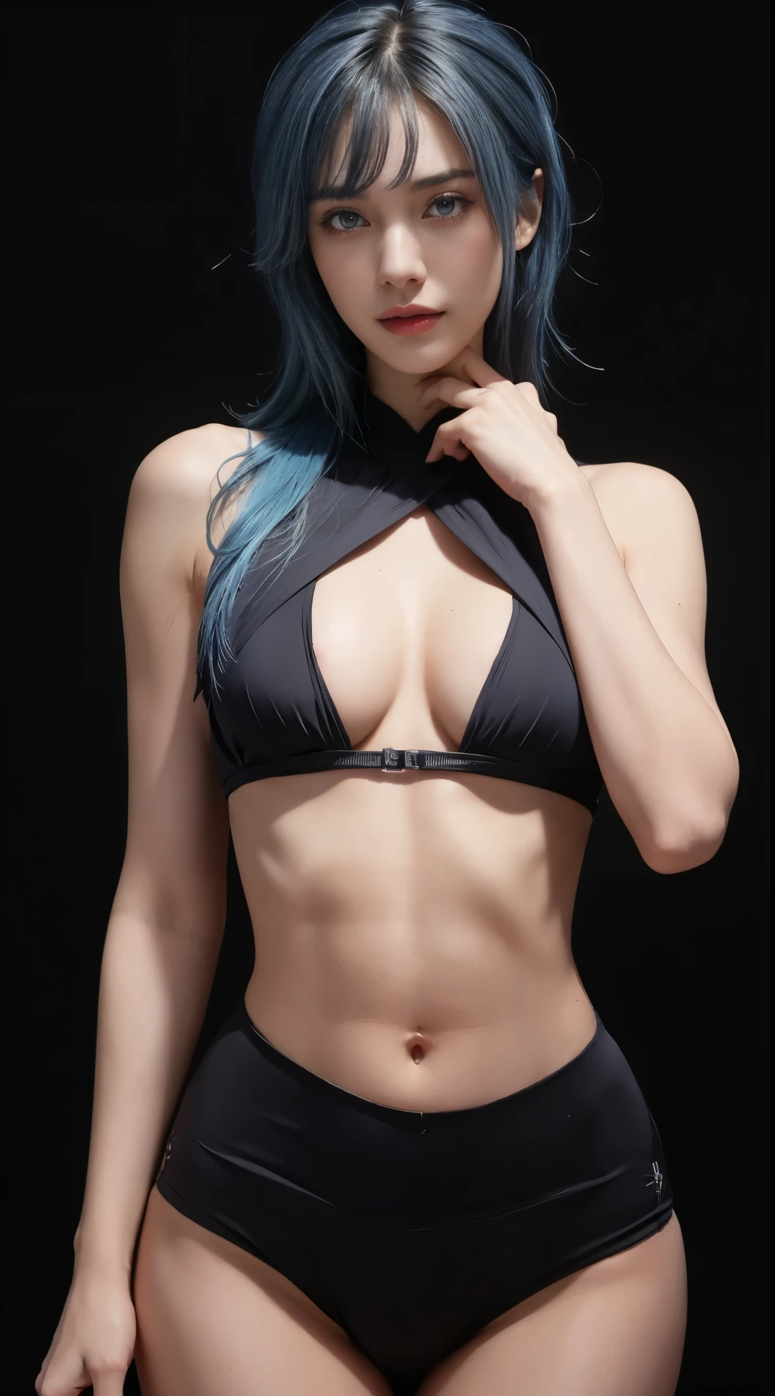 8K, Top Quality, Intricate Details, Ultra Detail, Ultra High Resolution, Masterpiece, close up shot, Slender,, ((Full body )), (Makeup: 0.4), (), , looking at viewer, ((full body)), 1girl, solo, 1 girl, ((blue hair )), , , ((tall)), (((fit body))), (((slim face))), sharp face , smile, (( blue hair, bangs )) , (detailed face), sharp face, small lips, standing, , show belly ,, , ((naked,)), , ((detail belly )), detail fingers, detail hands, detailed face, detailed breast, huge breast, Narrow Waist, Skinny, 175 cm tall , Muscular, Navel, Exposed Abdomen, Pointed Ches , large breast, , , Beautiful girl with accentuated slender abs: 1.4, Six Pack Abs: 1.4, Bust Botox,, Perfect Body, (( dark background)), black background,