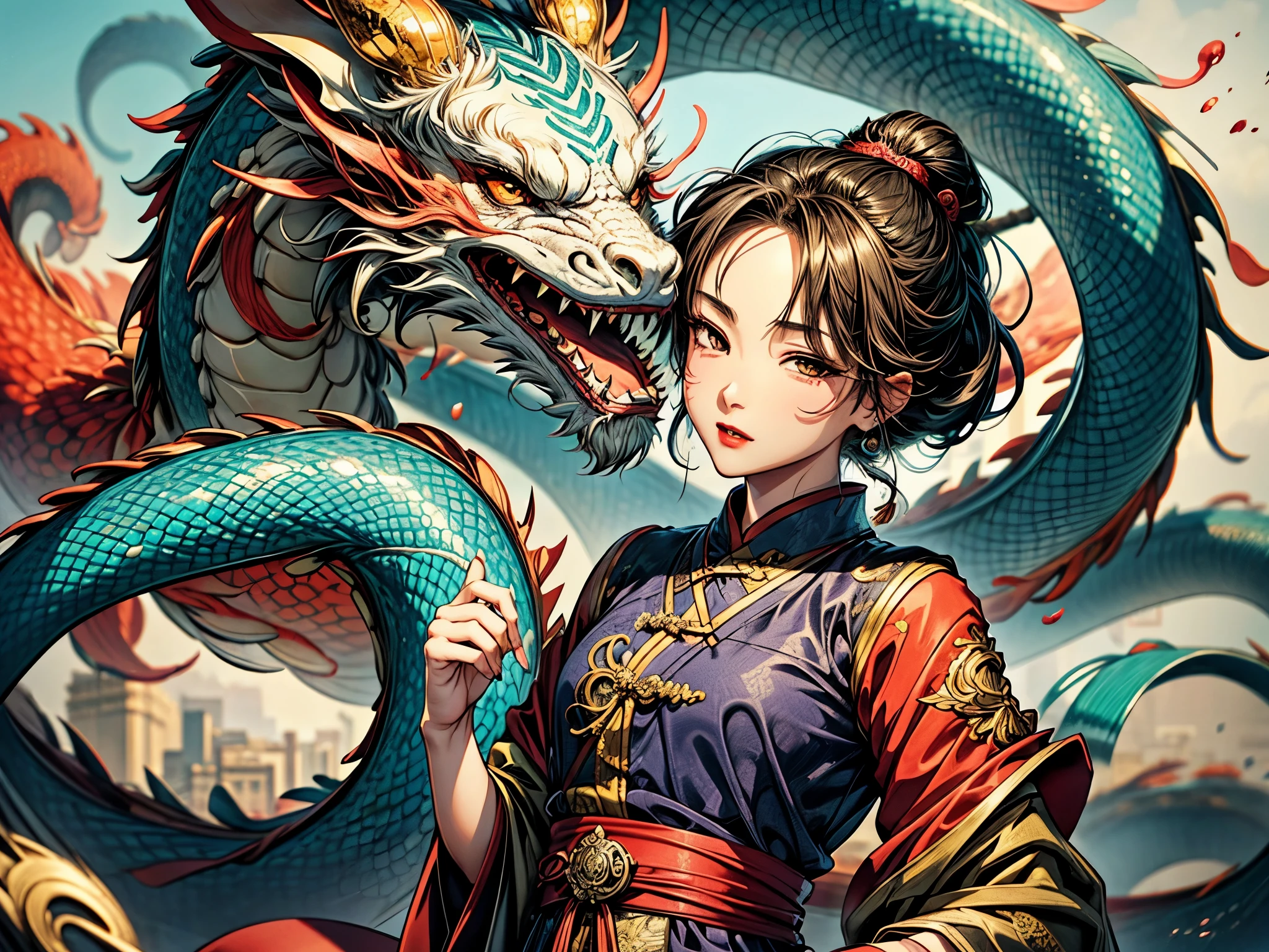 {{{{{illustration}}}}},author:Yuko Shimizu,1 Girl,Chinese dragon,Chinese Girl,female focus on, {{Colored ink drawing}},{{Ink splash}},{{Splash of Color}},{{{rich and colorful}}},{{sketch}}, masterpiece,best quality, Beautiful painting,Very detailed,