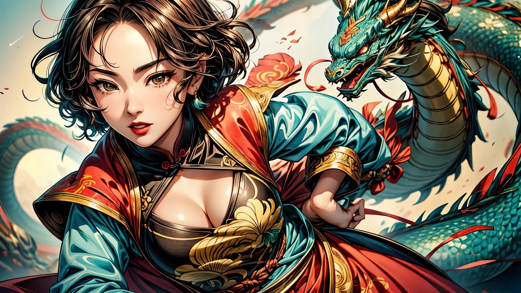 {{{{{illustration}}}}},author:Yuko Shimizu,1 Girl,Chinese dragon,Chinese Girl,female focus on, {{Colored ink drawing}},{{Ink splash}},{{Splash of Color}},{{{rich and colorful}}},{{sketch}}, masterpiece,best quality, Beautiful painting,Very detailed,