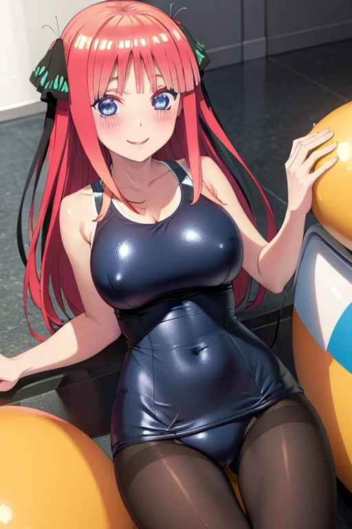 best quality, ultra-detailed masterpiece, anime art style, cute characters, nino nakano, one-piece swimsuit, large breasts, pantyhose, blush, smile