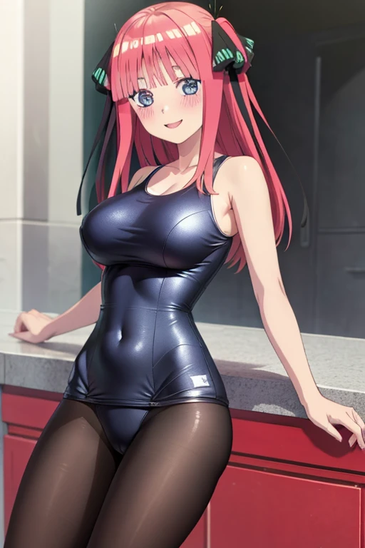 best quality, ultra-detailed masterpiece, anime art style, cute characters, nino nakano, one-piece swimsuit, large breasts, pantyhose, blush, smile