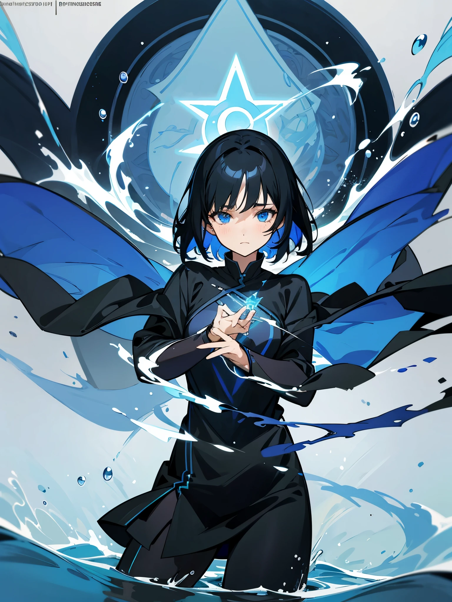 Beathiful Woman, short black hair, vibrant blue eyes, black clothing covered by a navy blue tunic, water magic, anime style, ultra detailed