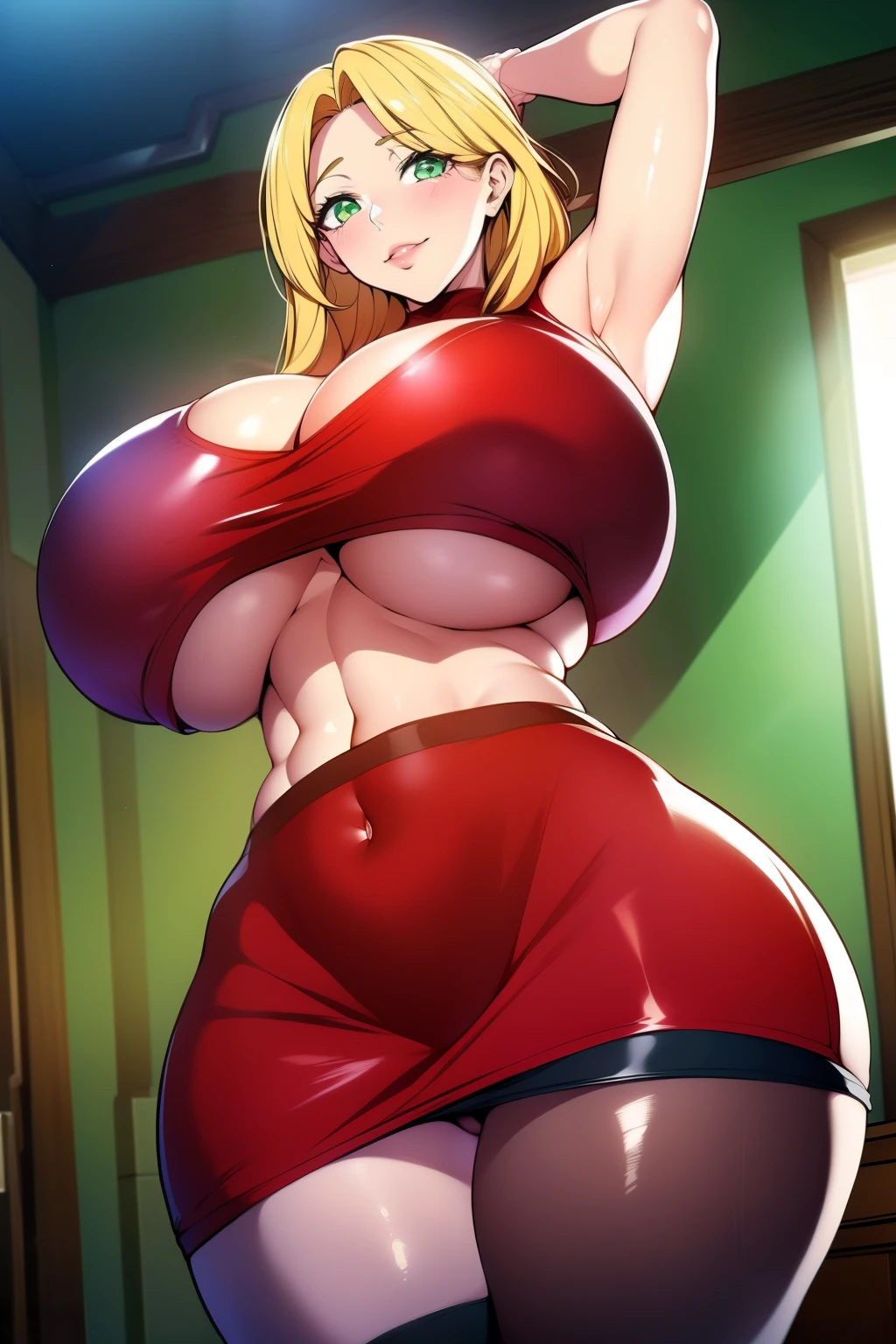 An anime-style artwork depicting Kousaka Shizuru from the game Honkai star rail.

Tags: Kousaka Shizuru, anime, detailed eyes, detailed lips, ass, bare shoulders, (blonde hair:1.4), (sweater:1.1), cleavage, pencil skirt, miniskirt,curvy, thighs, higheels, shiny clothes, skin tight, cleavage, long hair,  solo, huge breasts,  (green eyes:1.1),, smiling expression, intense gaze, dynamic pose, indoor, palace, vibrant colors, digital art, high-resolution, professional quality, gigantic breasts, (underboob : 1.4), curvy, cowboy shot, (gigantic breasts: 1.4),