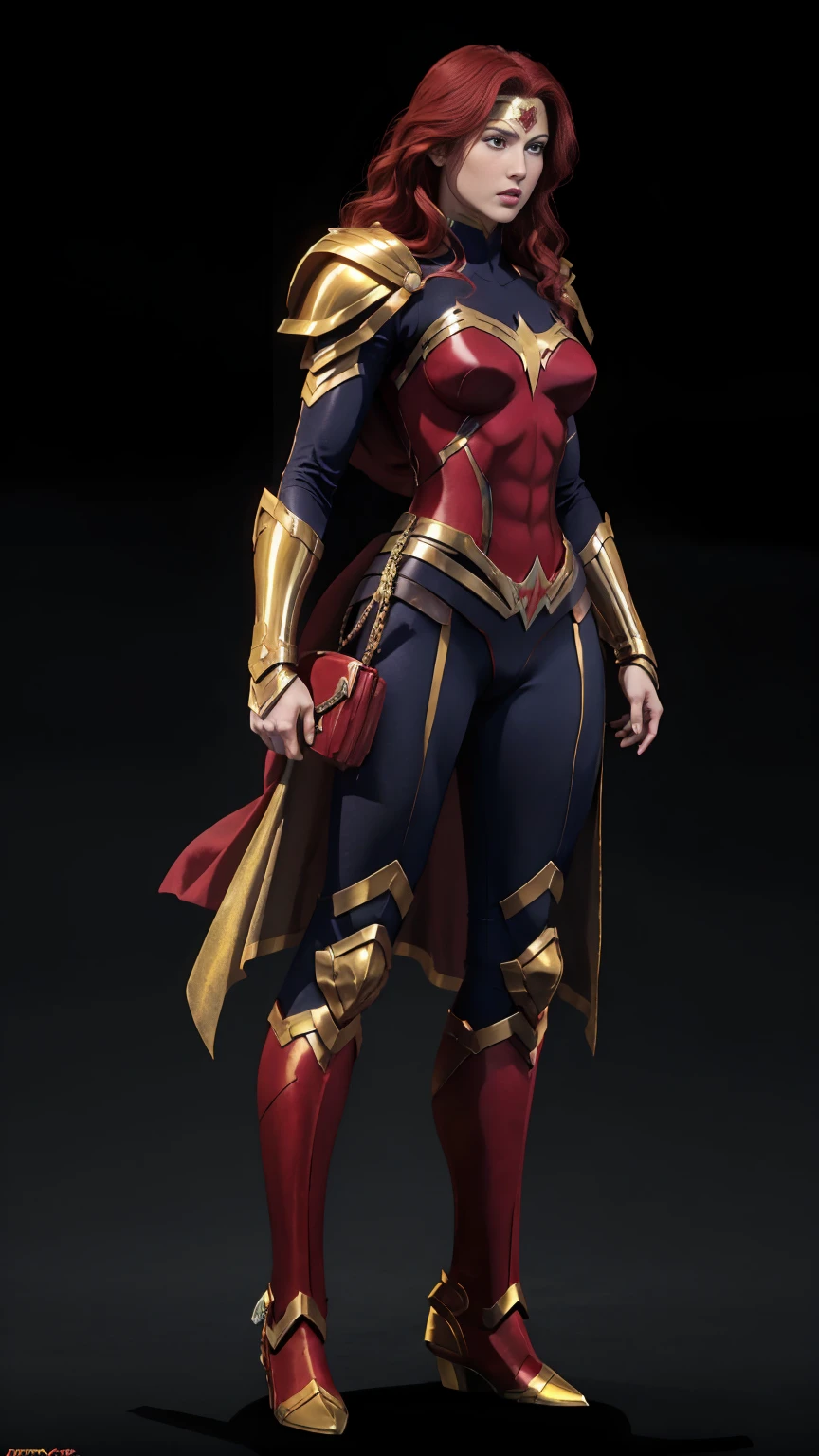 ((full body photo, standing, Feet on the ground)) Wonder Woman A red-haired male warrior with yellow eyes wearing black and gold Supergirl armor, bottomless
