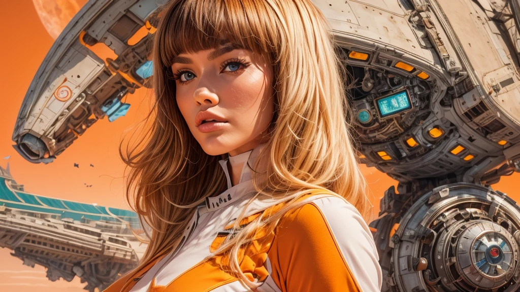 arafed image of a white woman in a futuristic suit with a spaceship in the background, movie art, in front of an orange background, inspired by Robert McGinnis, female protagonist, megastructure in the background, portrait of an ai astronaut, astronauts, an astronaut, portrait of a astronaut skeletor, perfect android girl, detailed eyes, perfectly detailed teeth, frank franzzeta and sakimichan