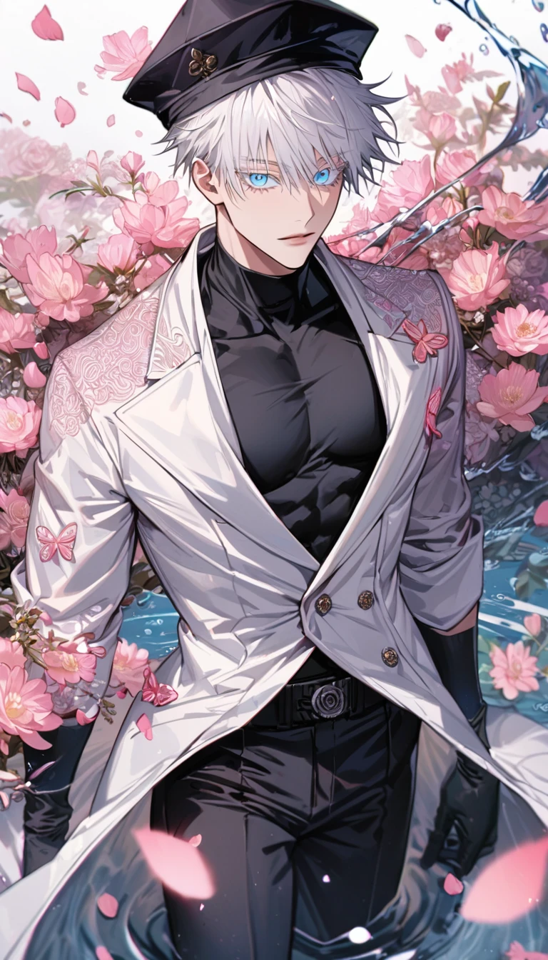 Ultra detailed, Highres, absurdres, Gojou Satoru, white hair with bangs, blue eyes, white eyelashes, white long coat with patterns, black hat, Jujutsu Kaisen, pink flowers, petals, extremely handsome, sexy man, toned chest, solo, very detailed eyes and face, black gloves, water, black pants, pink butterflies, black tight t-shirt,