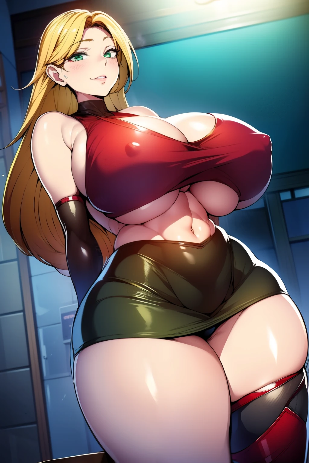 An anime-style artwork depicting Kousaka Shizuru from the game Honkai star rail.
Tags: Kousaka Shizuru, anime, detailed eyes, detailed lips, ass, bare shoulders, (blonde hair:1.4), crop top, turtleneck, cleavage, miniskirt,curvy, thighs, higheels, shiny clothes, skin tight, cleavage, long hair, solo, huge breasts, (green eyes:1.1),, smiling expression, intense gaze, dynamic pose, indoor, palace, vibrant colors, digital art, high-resolution, professional quality, gigantic breasts, (underboob : 1.4), curvy, cowboy shot, (gigantic breasts: 1.4),
