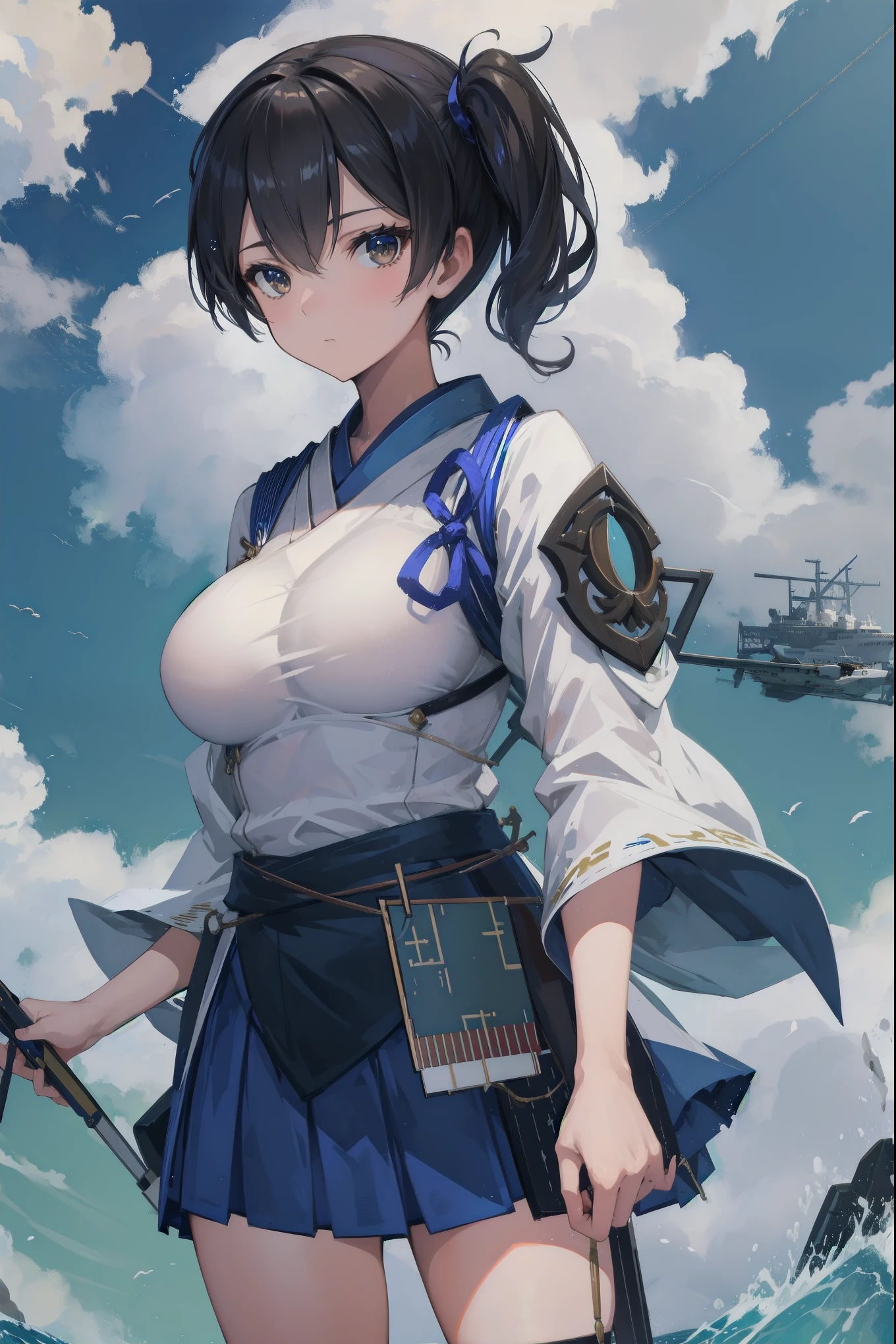 Kaga(Fleet Collection),highest quality, masterpiece, High resolution,kimono,blue skirt,side ponytail,big_breasts,