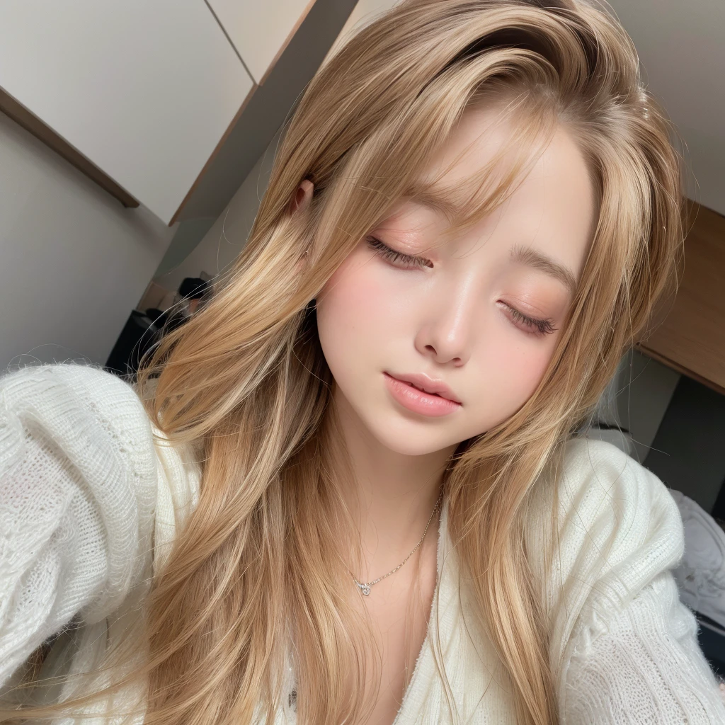 Authentic photo quality、cara muy linda、Extraordinaria belleza sexy、beautiful calm and bright expression、Aspecto refrescante y sexy.、Flequillo largo que cae sobre una cara linda y hermosa perfecta.、super long blonde hair, liso y sedoso que brilla intensamente.、hermoso rostro y cabello rubio、muy linda hermosa mujer joven sexy、Cara linda muy perfecta y hermosa.、Hermosos ojos azul cielo brillantes、ojos muy grandes、cabello dorado muy grande encima de un ojo、rubia entre los ojos、Piel blanca muy radiante、Teca Brillo、delineador de ojos、A small smile、piel brillante