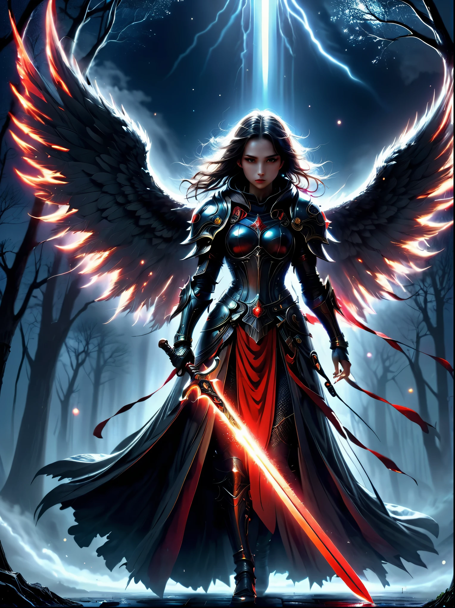 (masterpiece, best quality:1.2), Space Fallen Angel, Luminescence的眼睛, Cloak，hood，Holding a red long sword，moonlight，heavily clouded， Dark fantasy illustration style , dark arts, High contrast, Dark Shadows, atmospheric perspective, Melancholic colors, Thin Film Component, Volumetric Lighting, number, Brushstrokes, Dramatic Lighting, Low angle shot, Surrealism, Ultra Detailed, Surrealism生物力学, weird, Nightmare, Very bright colors, Light Particles, Luminescence, Mshiv, Wallpaper Art, Ultra HD Wallpaper