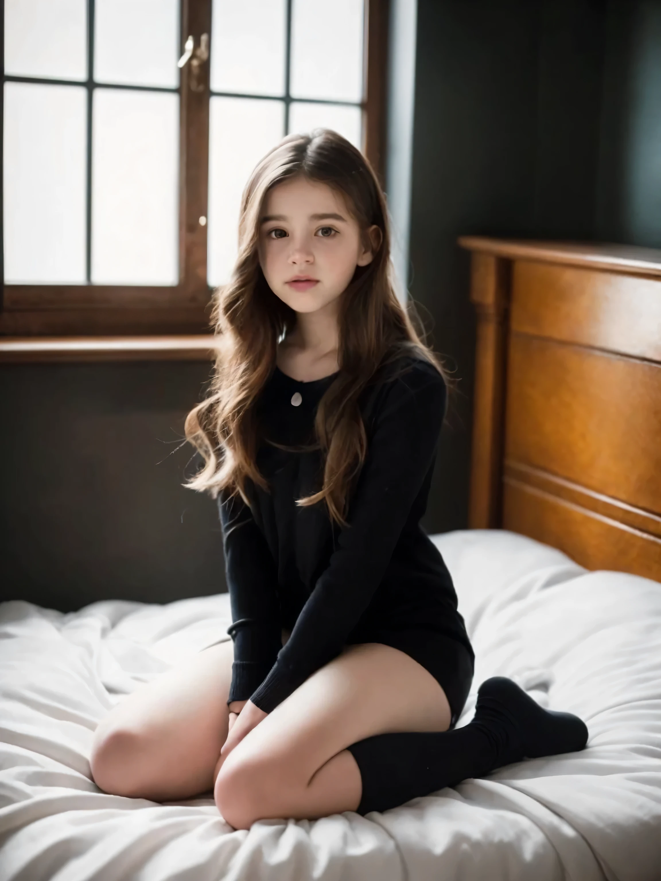 Portrait of an 18 year old cute beautiful perfect face  teen taking off stockings，She was happy，Very beautiful Russian，raw，on a bed，（Dark private study，Dark and moody light：1.2）