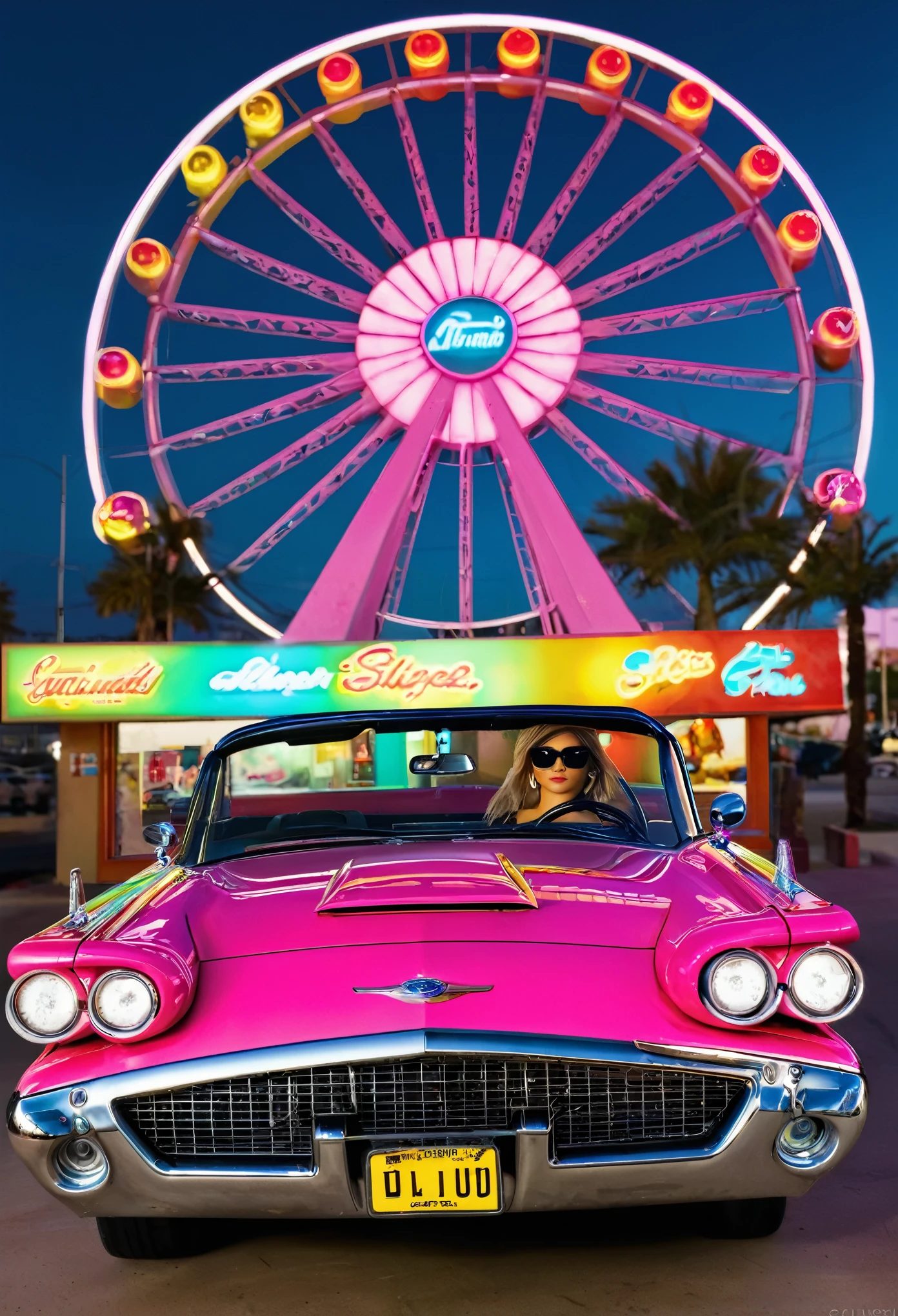 completion, Angled photo of a bright pink 1959 Ford Thunderbird convertible with shiny polished metal, The painting reflects everything around it, Cyberpunk Style, Surrounded by colorful neon lights, Ferris wheel, Golden Wheel, gold details, Woman driving wearing sunglasses, Neon on car paint, Reflective paint that reflects everything around you, Detailed headlights, 非常にDetailed headlights, as detailed as possible, As realistic as possible, that'At a cyberpunk gas station、Pink and blue neon lights are everywhere, Better Quality, Kuru, masterpiece, Super detailed photos, Better Quality, Ultra-high resolution, Realistic, sunshine, Framing the entire car in the photo, Very beautiful,, Dynamic pose