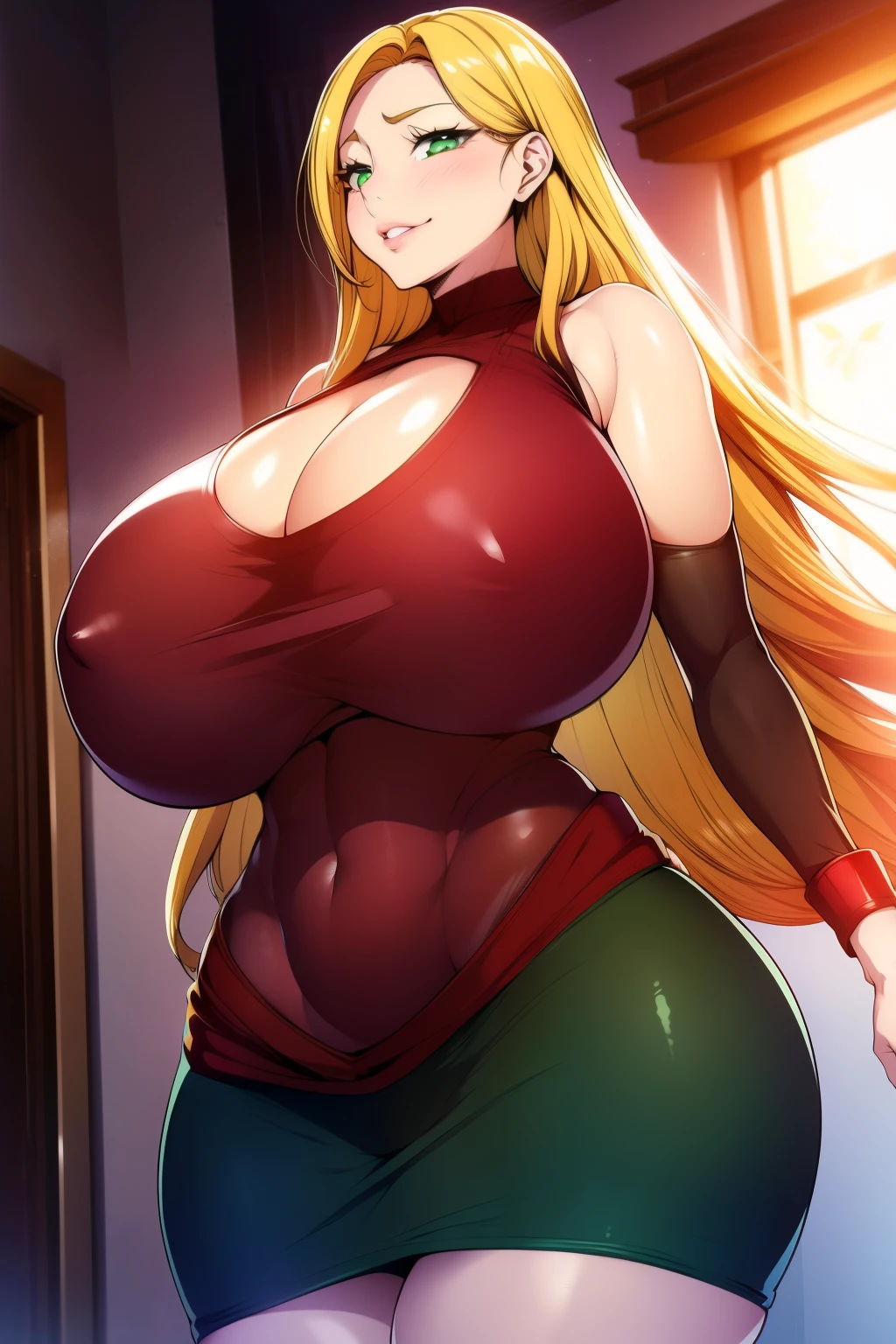 An anime-style artwork depicting Kousaka Shizuru from the game Honkai star rail.
Tags: Kousaka Shizuru, anime, detailed eyes, detailed lips, ass, bare shoulders, (blonde hair:1.4), (sweater:1.1), cleavage, pencil skirt, miniskirt,curvy, thighs, higheels, shiny clothes, skin tight, cleavage, long hair, solo, huge breasts, (green eyes:1.1),, smiling expression, intense gaze, dynamic pose, indoor, palace, vibrant colors, digital art, high-resolution, professional quality, gigantic breasts, (underboob : 1.4), curvy, cowboy shot, (gigantic breasts: 1.4),
